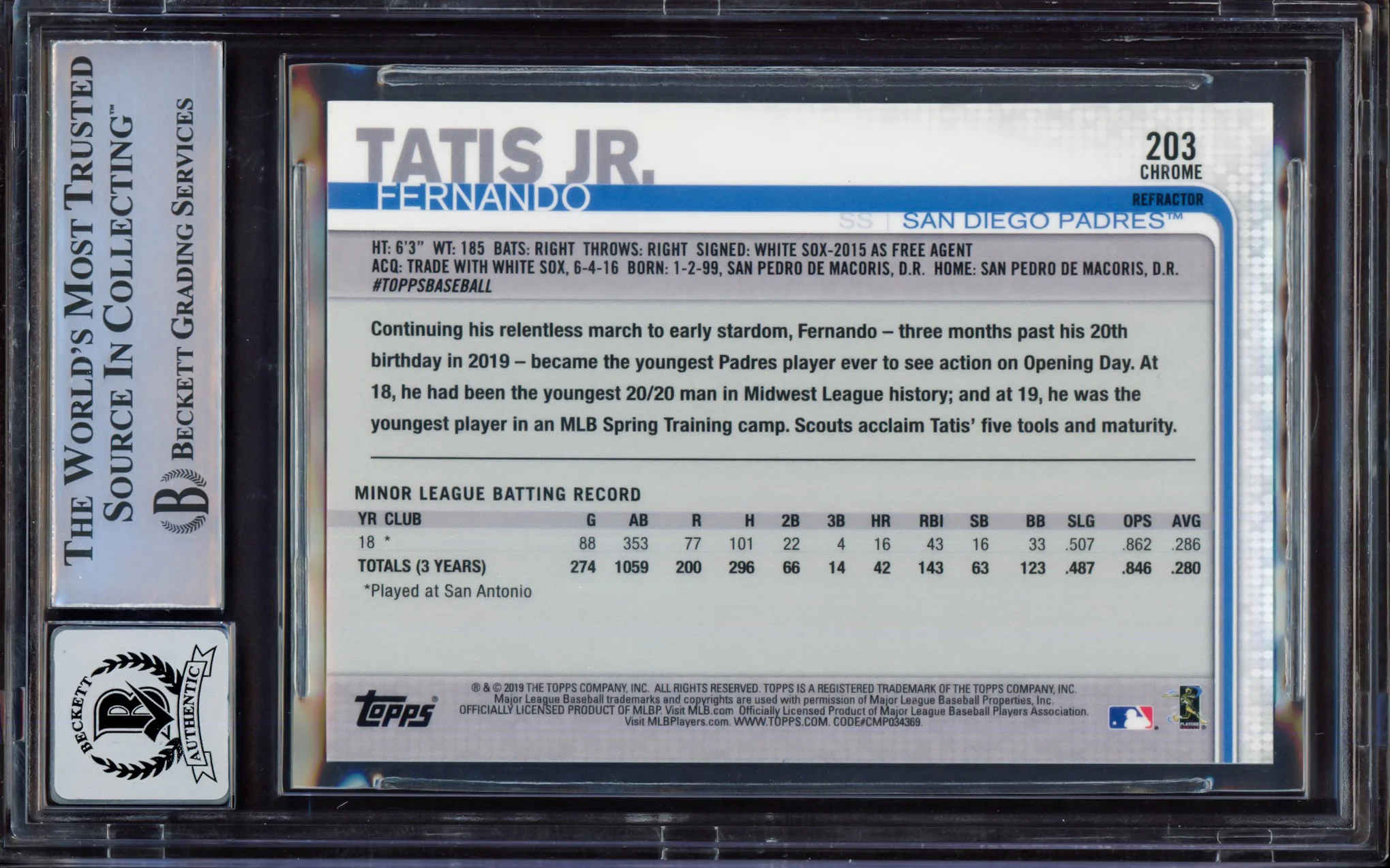 Fernando Tatis Jr. Autographed 2019 Topps Chrome Sepia Refractor Rookie Card #203 San Diego Padres BGS 9 Auto Grade Near Mint/Mint 8 Beckett BAS #15467838 - Image 2