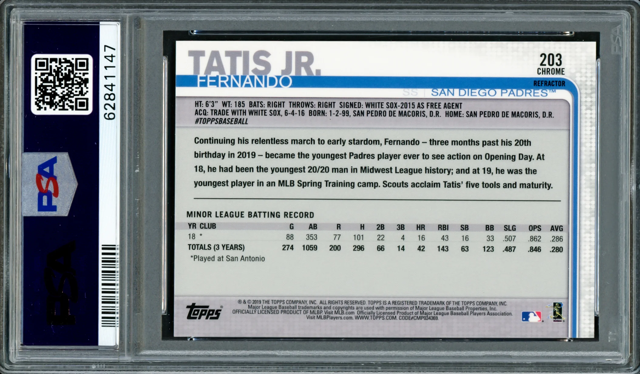 Fernando Tatis Jr. Autographed 2019 Topps Chrome Sepia Refractor Rookie Card #203 San Diego Padres PSA 9 Auto Grade Gem Mint 10 PSA/DNA #62841147 - Image 2