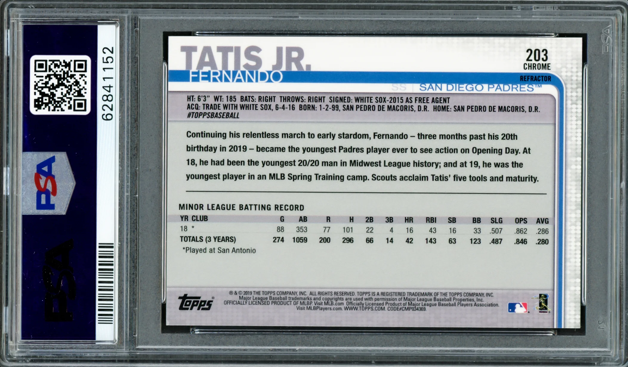 Fernando Tatis Jr. Autographed 2019 Topps Chrome Sepia Refractor Rookie Card #203 San Diego Padres PSA 9 Auto Grade Mint 9 PSA/DNA #62841152 - Image 2