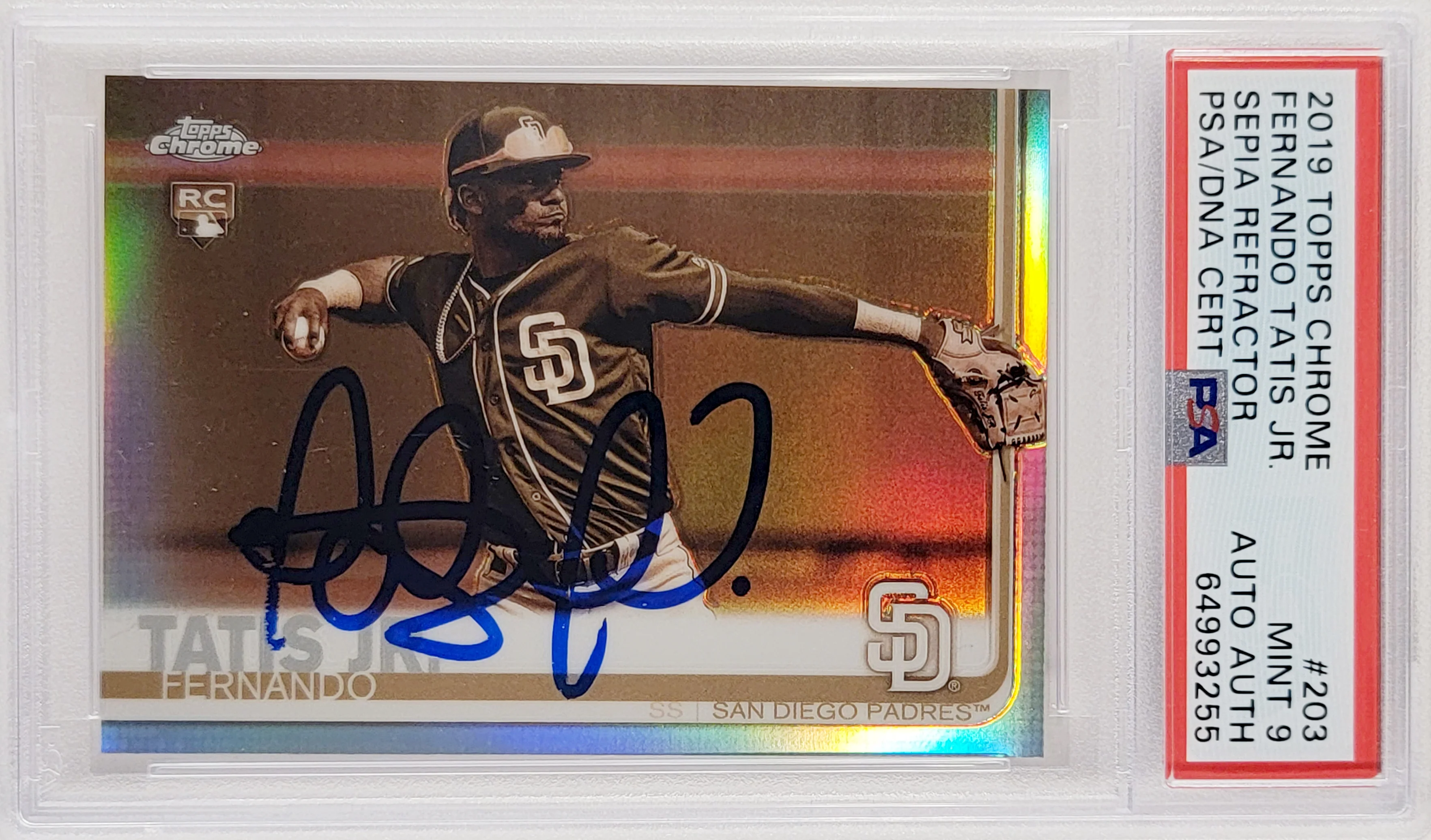 Fernando Tatis Jr. Autographed 2019 Topps Chrome Sepia Refractor Rookie Card #203 San Diego Padres PSA 9 PSA/DNA #64993255 - Image 2