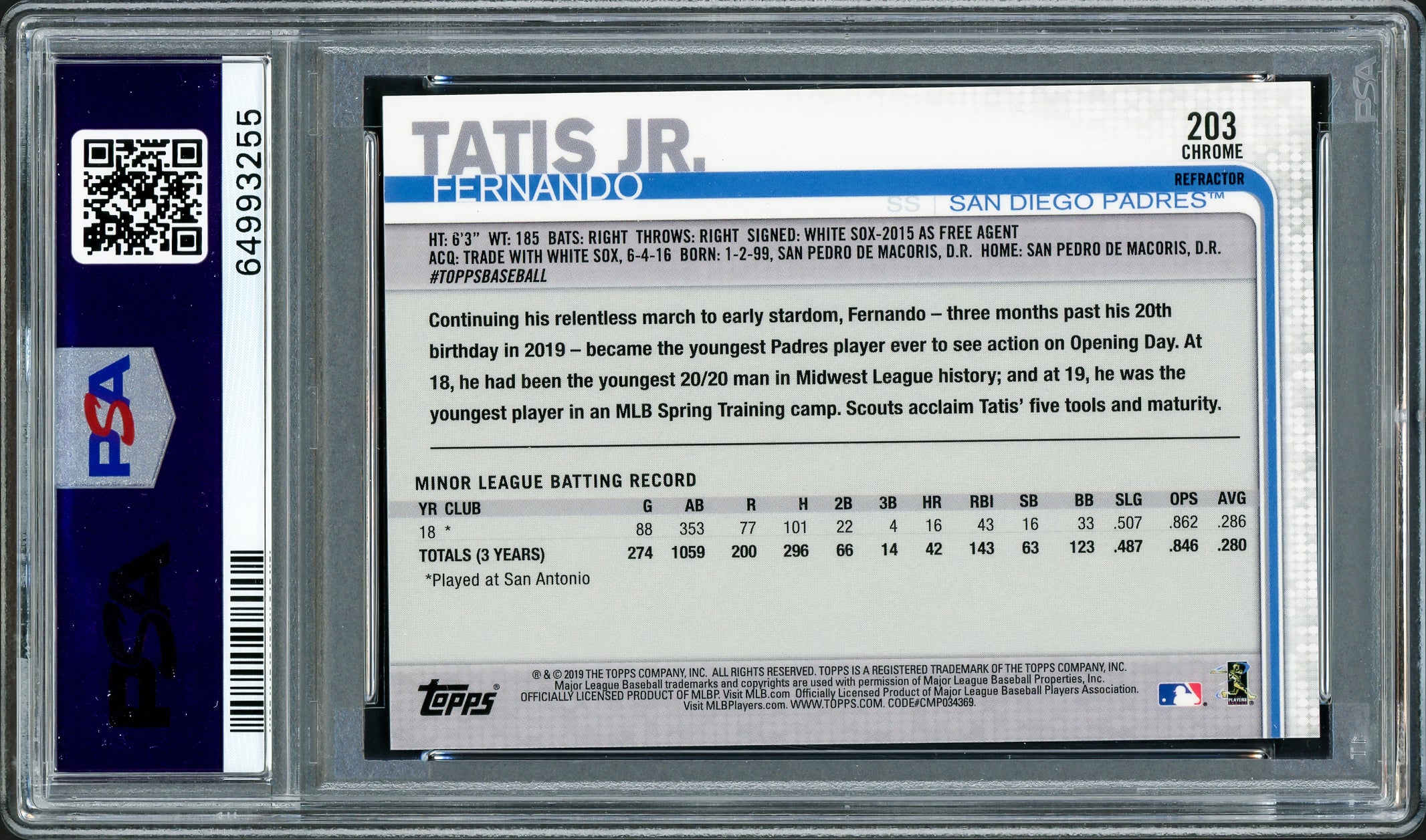 Fernando Tatis Jr. Autographed 2019 Topps Chrome Sepia Refractor Rookie Card #203 San Diego Padres PSA 9 PSA/DNA #64993255 - Image 4