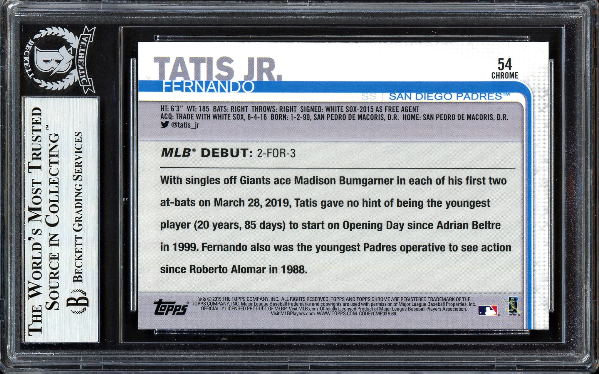 Fernando Tatis Jr. Autographed 2019 Topps Chrome Update Rookie Card #54 San Diego Padres Beckett BAS #13609658 - Image 2