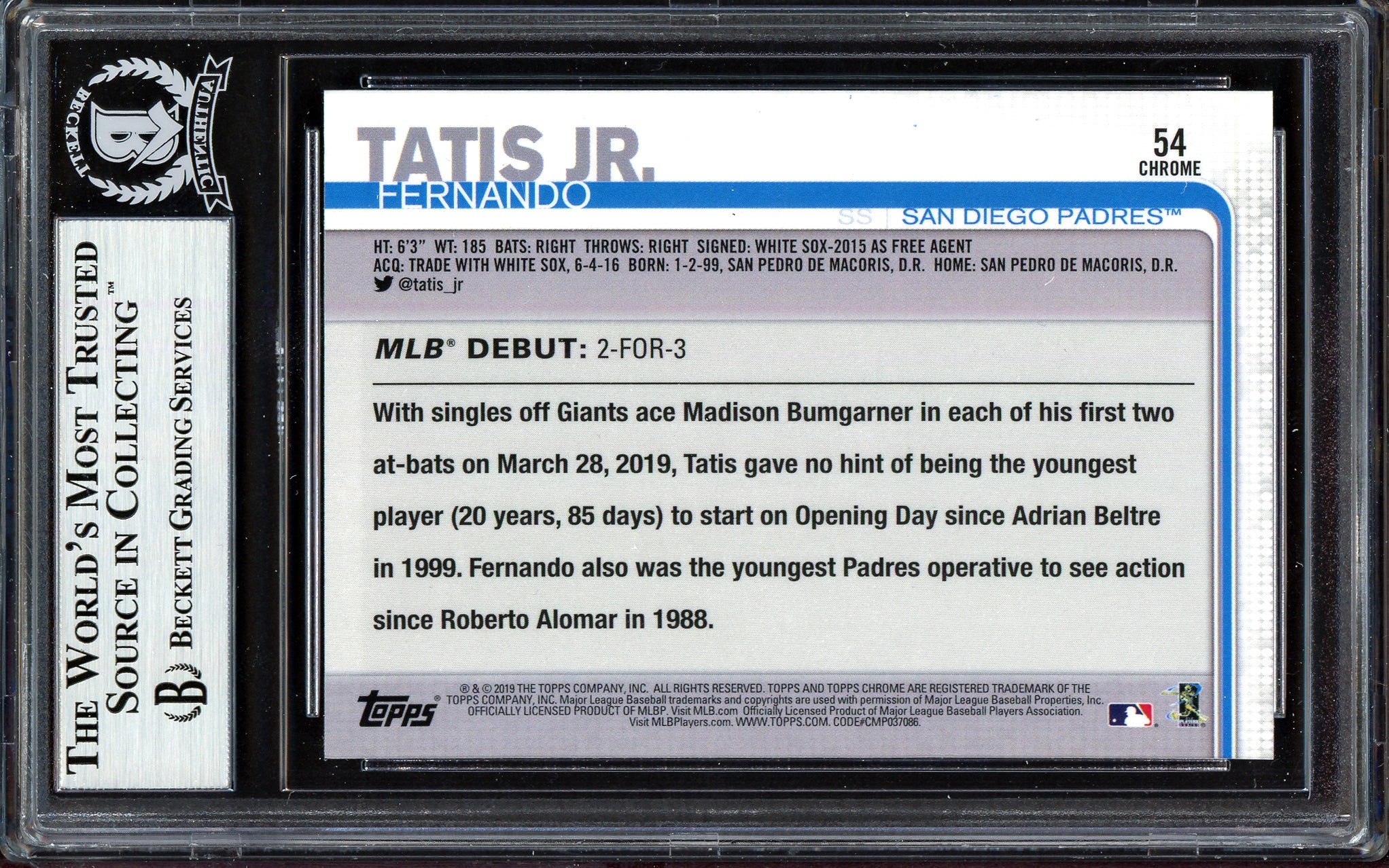 Fernando Tatis Jr. Autographed 2019 Topps Chrome Update Rookie Card #54 San Diego Padres Beckett BAS #13609661 - Image 2