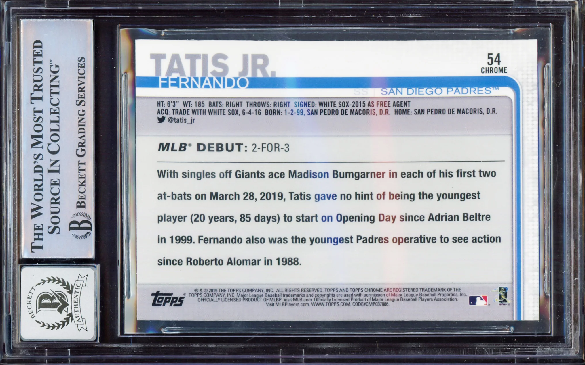 Fernando Tatis Jr. Autographed 2019 Topps Chrome Update Rookie Card #54 San Diego Padres BGS 8.5 Auto Grade Gem Mint 10 Beckett BAS #15350579 - Image 2