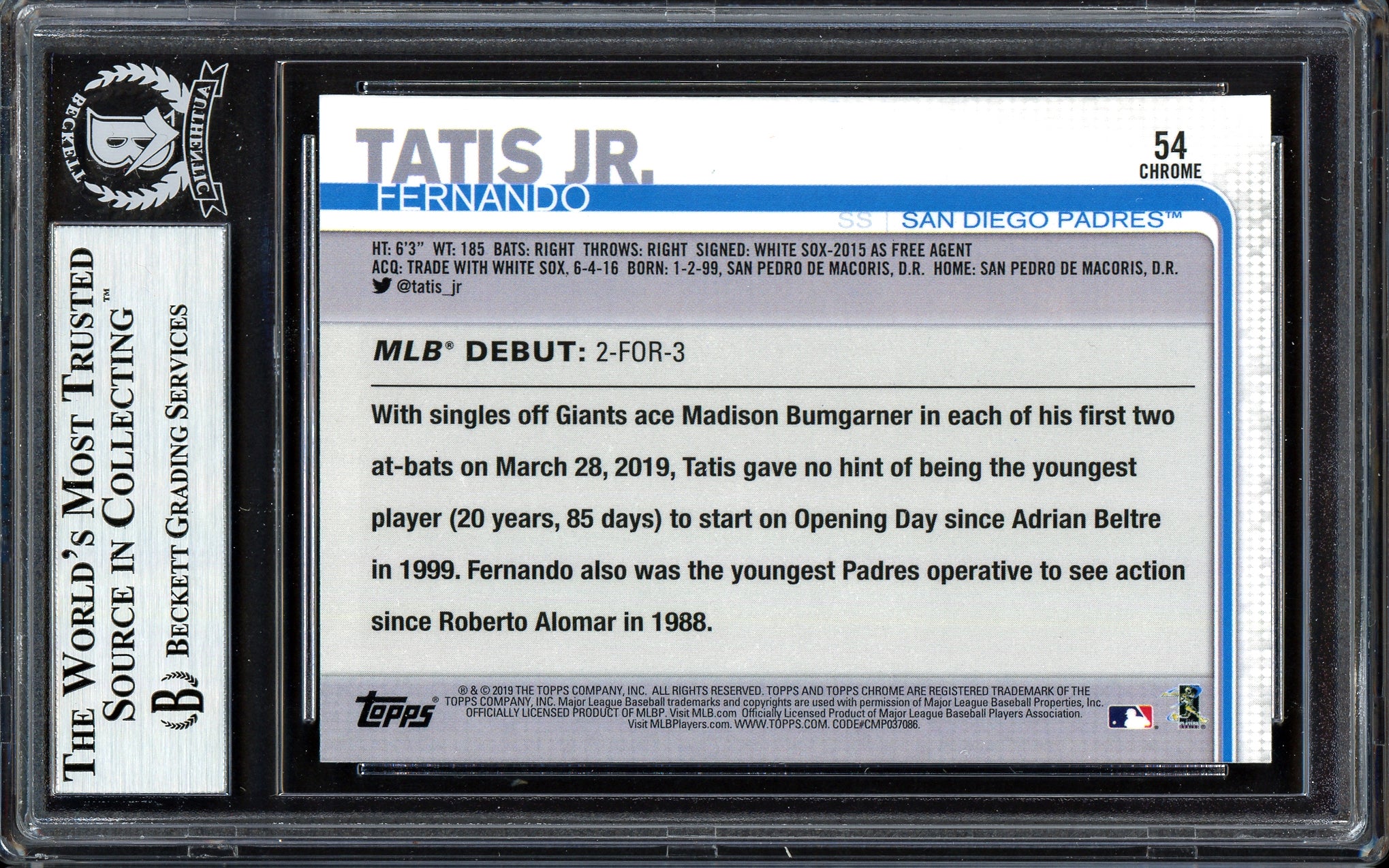Fernando Tatis Jr. Autographed 2019 Topps Chrome Update Rookie Card #54 San Diego Padres (Bubbling) Beckett BAS #13609665 - Image 2