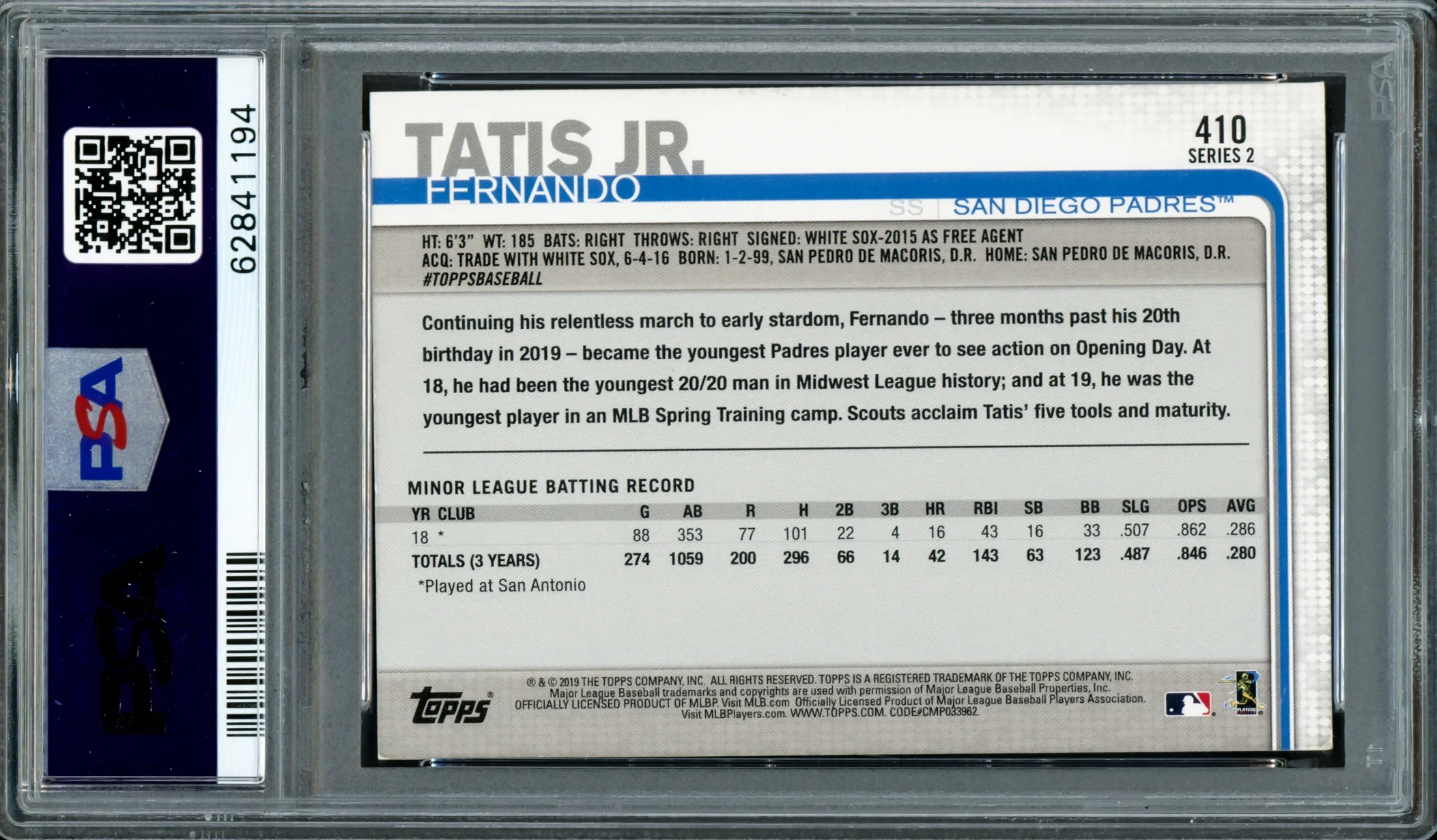 Fernando Tatis Jr. Autographed 2019 Topps Complete Set All Star Rookie Card #410 San Diego Padres PSA 8 Auto Grade Gem Mint 10 PSA/DNA #62841194 - Image 2