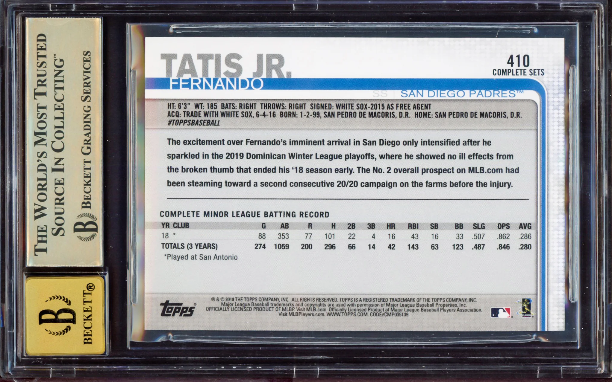 Fernando Tatis Jr. Autographed 2019 Topps Complete Sets Rookie Card #410 San Diego Padres BGS 9.5 Auto Grade Gem Mint 10 Highest Graded Beckett BAS #15349992 - Image 2