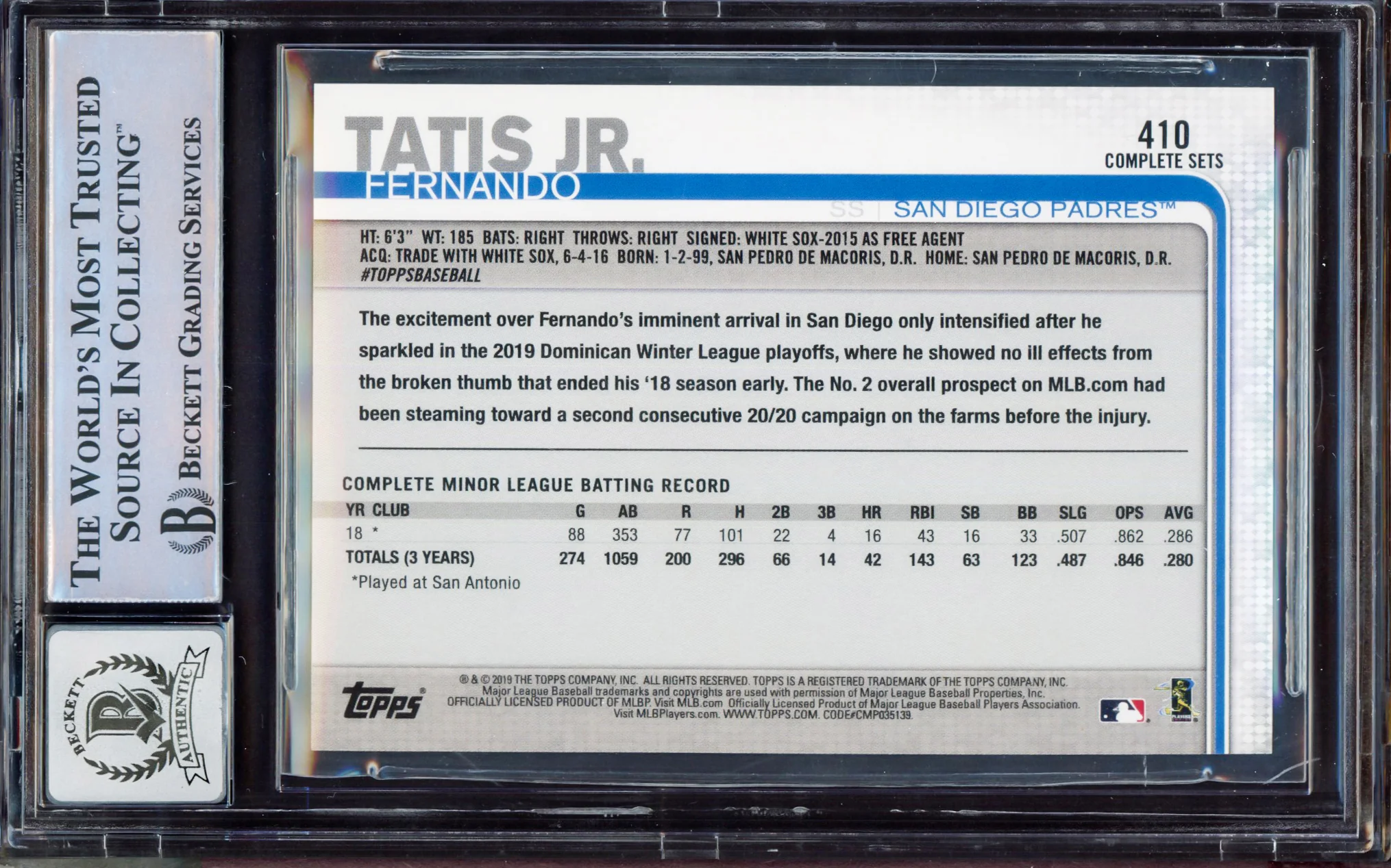 Fernando Tatis Jr. Autographed 2019 Topps Complete Sets Rookie Card #410 San Diego Padres BGS 9 Auto Grade Gem Mint 10 Beckett BAS #15350415 - Image 2