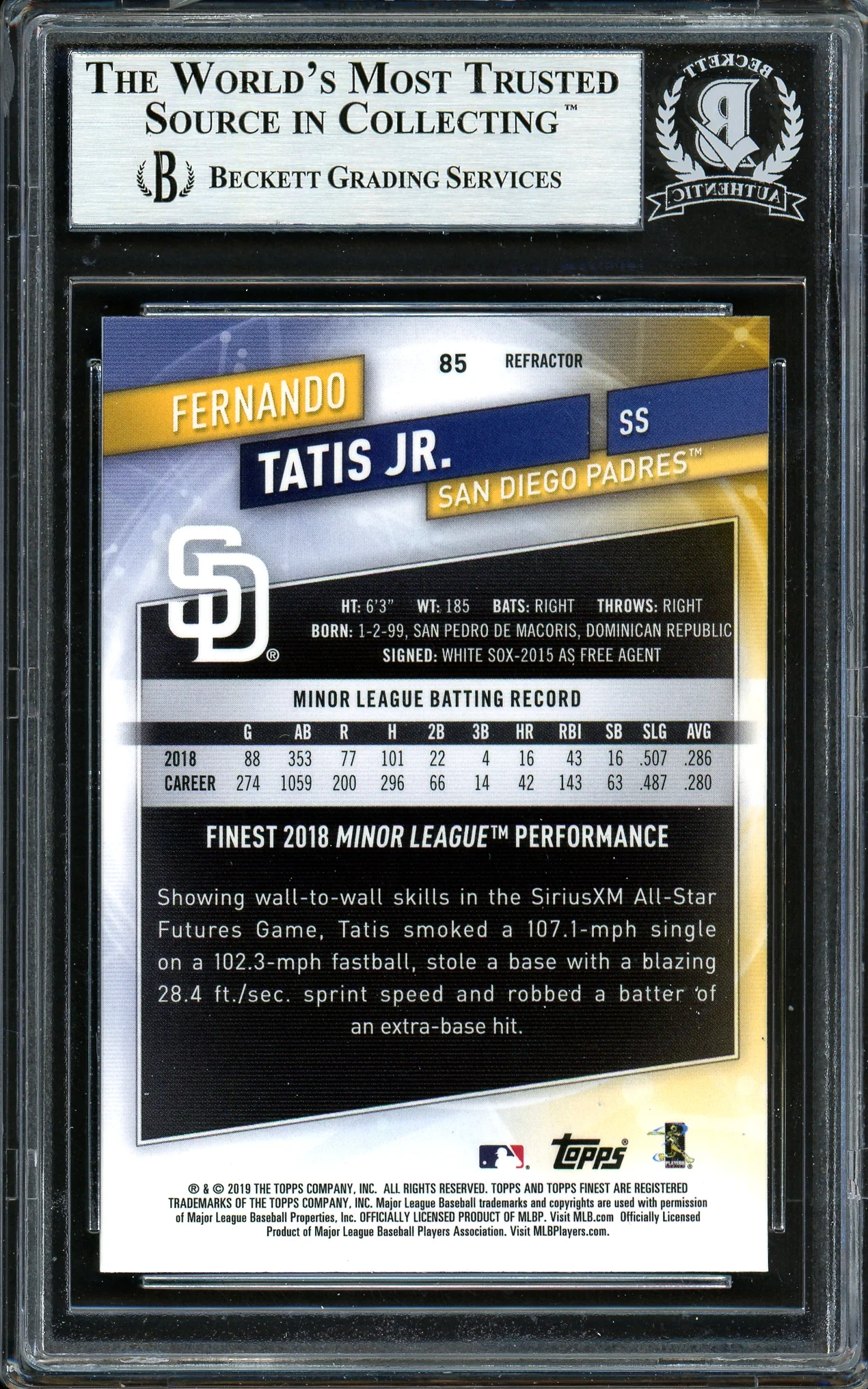 Fernando Tatis Jr. Autographed 2019 Topps Finest Refractor Rookie Card #85 San Diego Padres (Bubbling) Beckett BAS #13609724 - Image 2