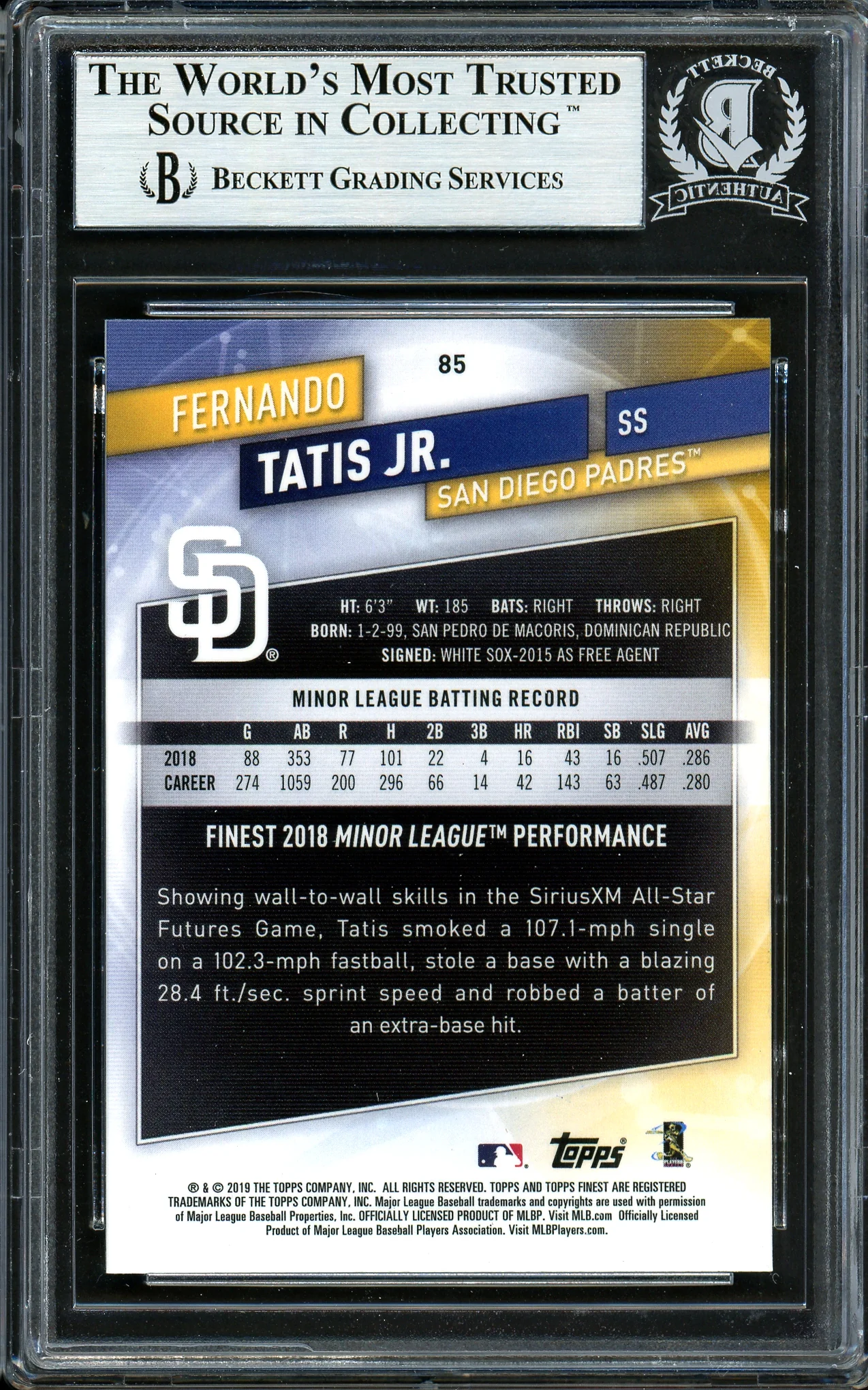 Fernando Tatis Jr. Autographed 2019 Topps Finest Rookie Card #85 San Diego Padres (Bubbling) Beckett BAS #13609742 - Image 2