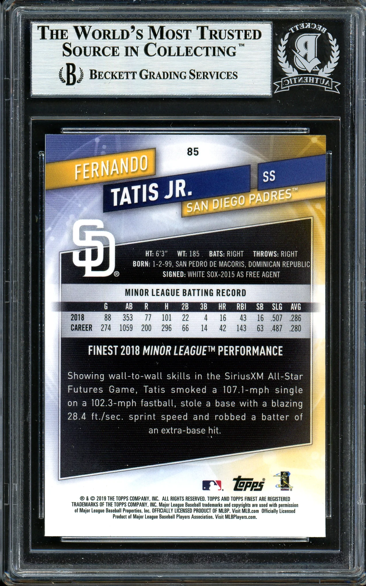 Fernando Tatis Jr. Autographed 2019 Topps Finest Rookie Card #85 San Diego Padres (Bubbling) Beckett BAS #13609744 - Image 2