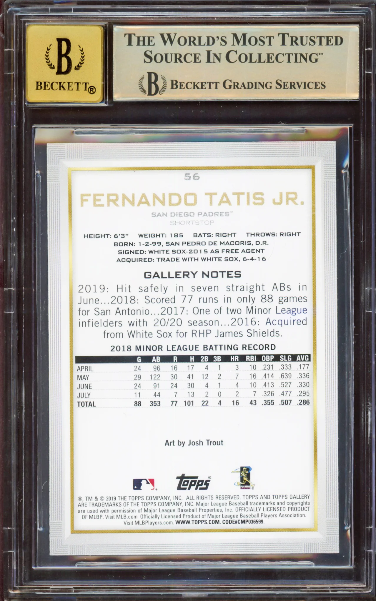 Fernando Tatis Jr. Autographed 2019 Topps Gallery Rookie Card #56 San Diego Padres BGS 9.5 Auto Grade Gem Mint 10 Highest Graded Beckett BAS #15349998 - Image 2