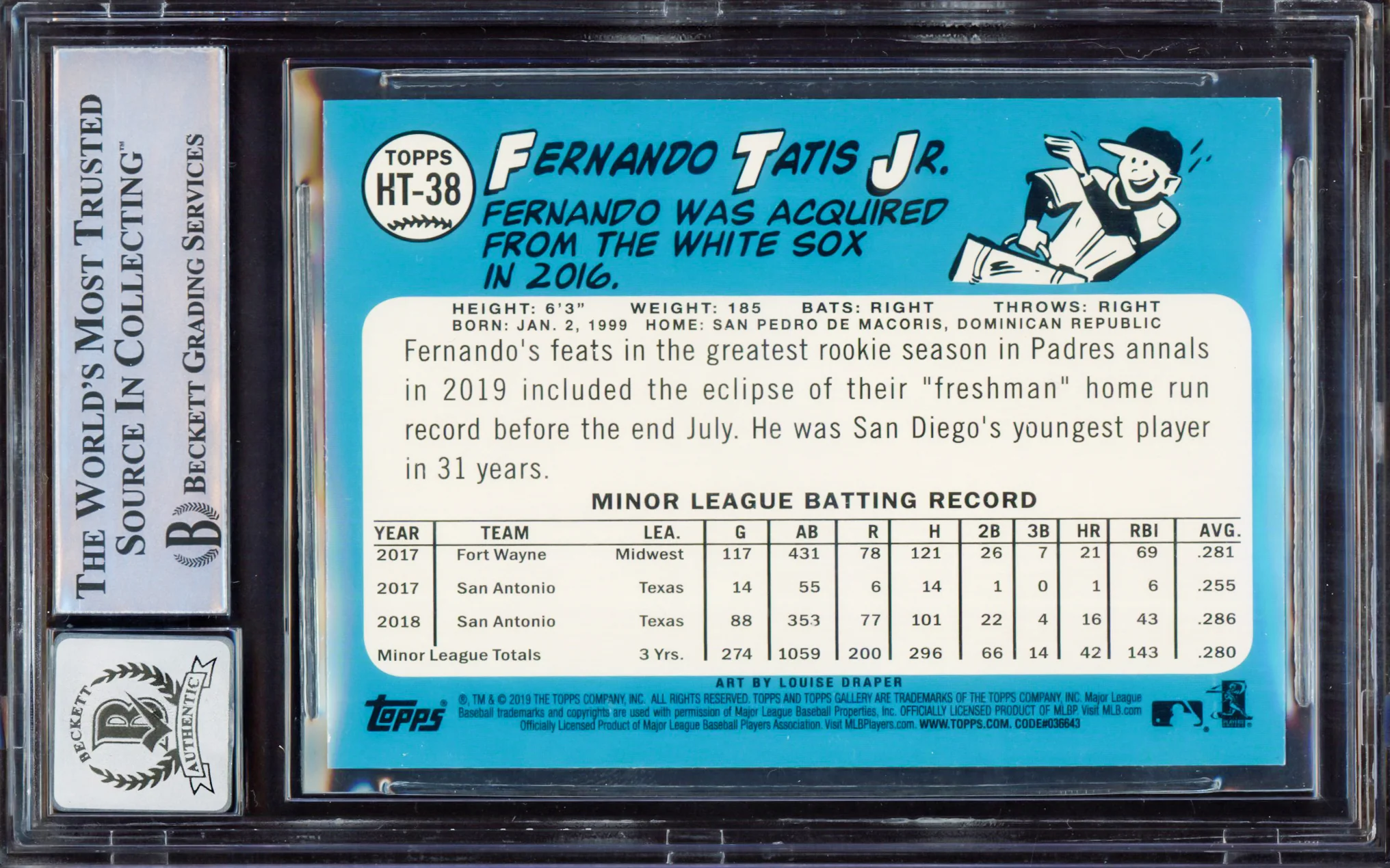 Fernando Tatis Jr. Autographed 2019 Topps Gallery Rookie Card #HT-38 San Diego Padres BGS 8.5 Auto Grade Gem Mint 10 Beckett BAS #15350582 - Image 2