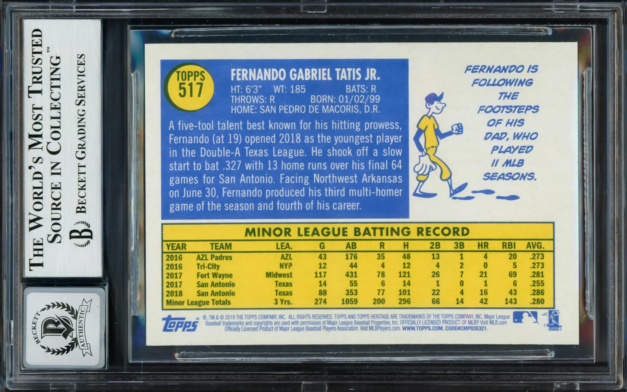 Fernando Tatis Jr. Autographed 2019 Topps Heritage Rookie Card #517 San Diego Padres Auto Grade Gem Mint 10 Beckett BAS Stock #220233 - Image 2