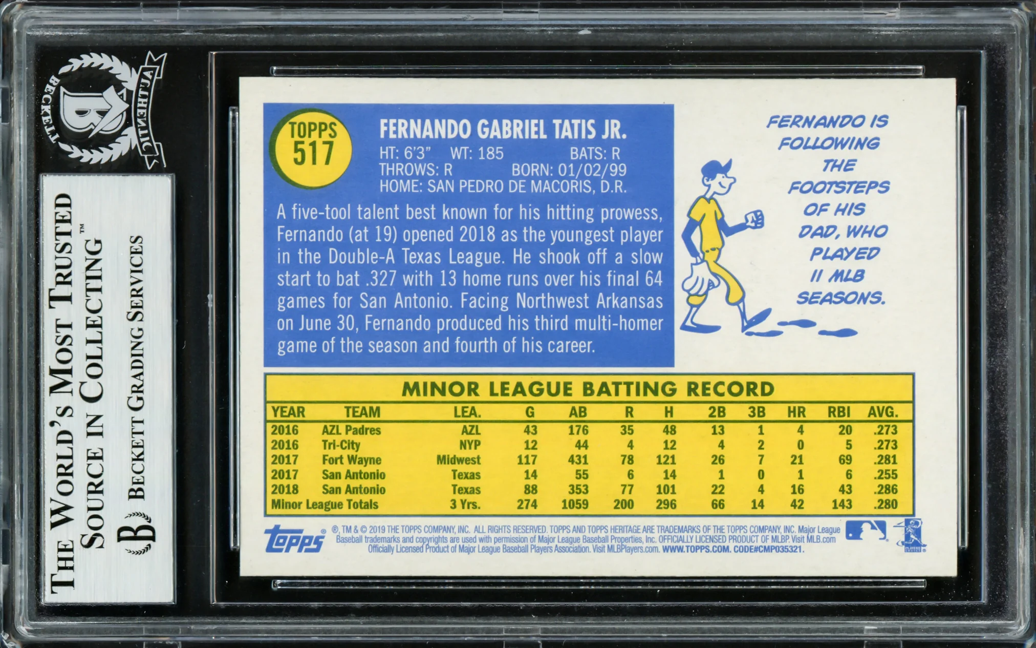 Fernando Tatis Jr. Autographed 2019 Topps Heritage Rookie Card #517 San Diego Padres Beckett BAS Stock #220234 - Image 2