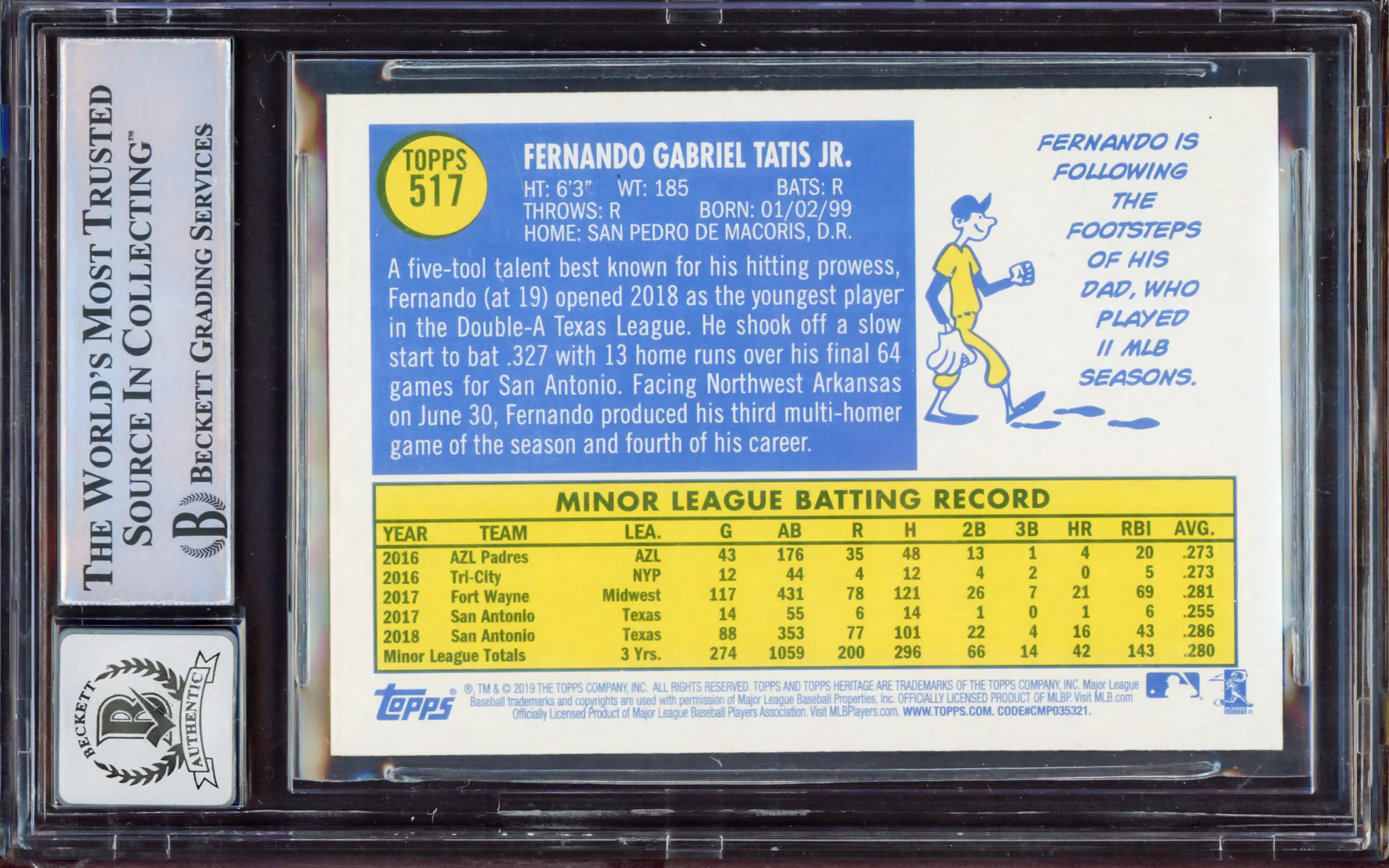 Fernando Tatis Jr. Autographed 2019 Topps Heritage Rookie Card #517 San Diego Padres BGS 8 Auto Grade Gem Mint 10 Beckett BAS #15350707 - Image 2