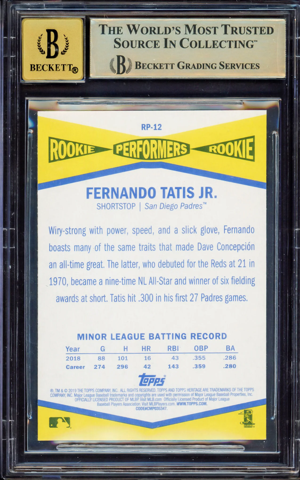 Fernando Tatis Jr. Autographed 2019 Topps Heritage Rookie Performers Rookie Card #RP-12 San Diego Padres BGS 9.5 Auto Grade Gem Mint 10 Beckett BAS #15350016 - Image 2