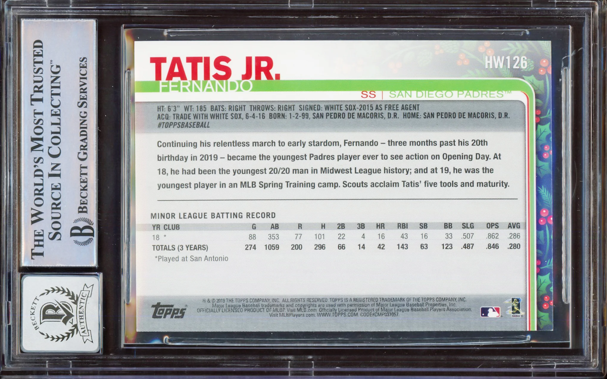 Fernando Tatis Jr. Autographed 2019 Topps Holiday Rookie Card #HW126 San Diego Padres BGS 8 Auto Grade Gem Mint 10 Beckett BAS #15350680 - Image 2