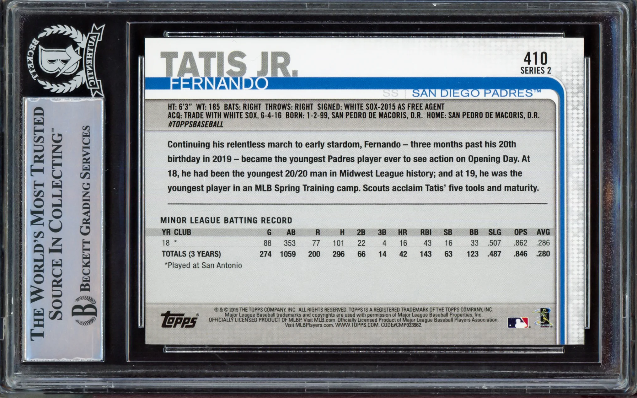 Fernando Tatis Jr. Autographed 2019 Topps Rookie Card #410 San Diego Padres Beckett BAS #15470100 - Image 2