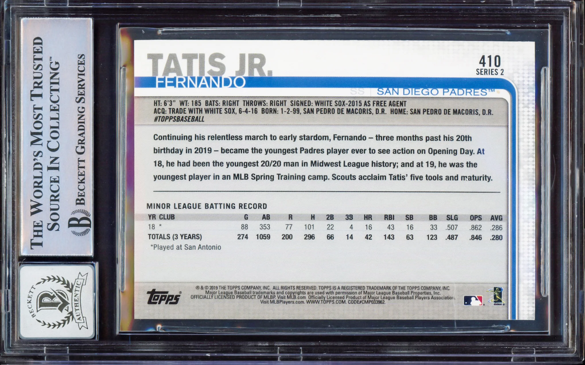 Fernando Tatis Jr. Autographed 2019 Topps Rookie Card #410 San Diego Padres BGS 8 Auto Grade Gem Mint 10 Beckett BAS Stock #212279 - Image 2