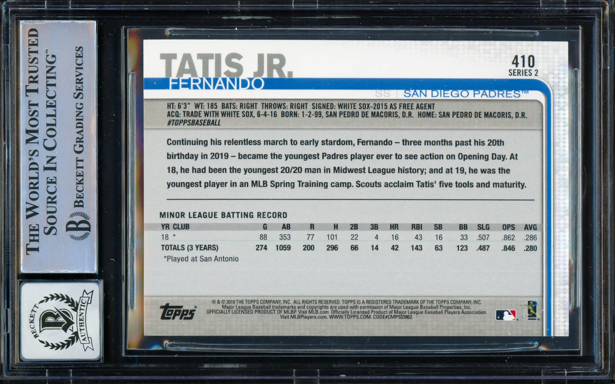Fernando Tatis Jr. Autographed 2019 Topps Rookie Card #410 San Diego Padres BGS 9 Auto Grade Gem Mint 10 Beckett BAS #15466336 - Image 2