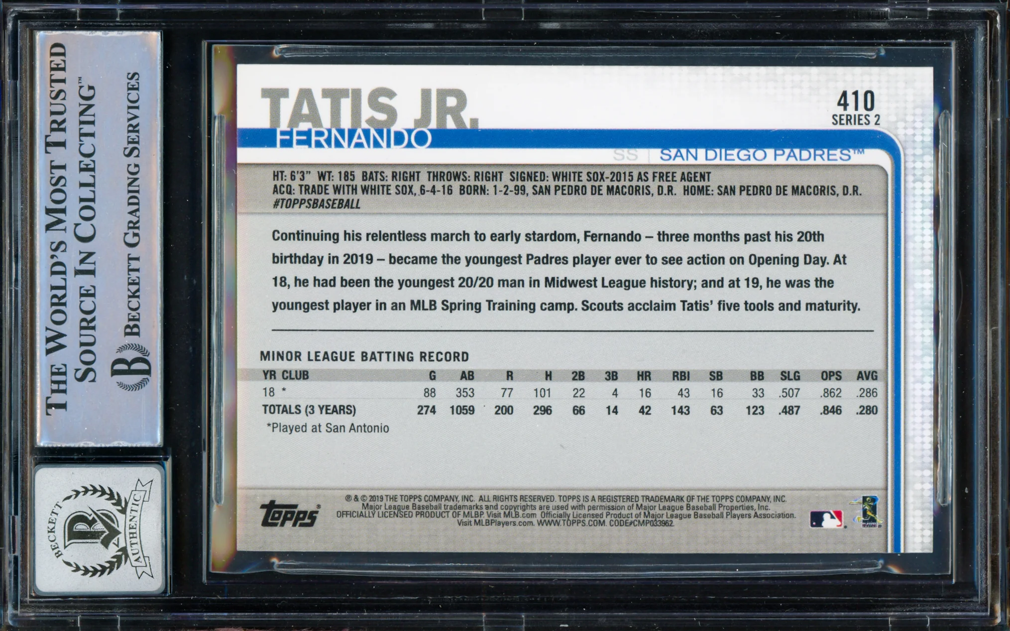 Fernando Tatis Jr. Autographed 2019 Topps Rookie Card #410 San Diego Padres BGS 9 Auto Grade Gem Mint 10 Beckett BAS #15466338 - Image 2