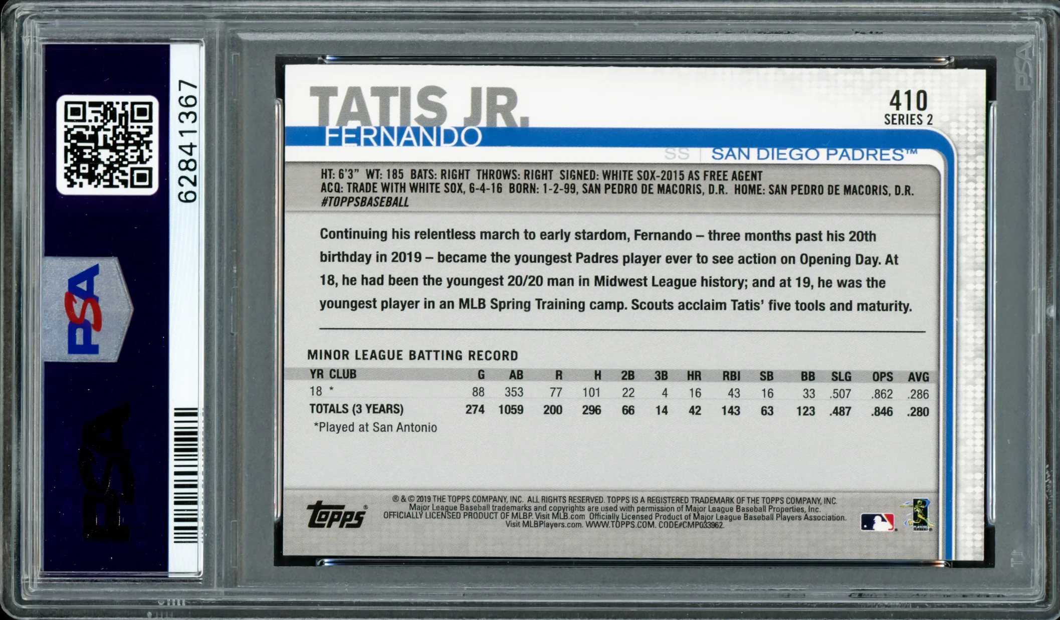 Fernando Tatis Jr. Autographed 2019 Topps Rookie Card #410 San Diego Padres PSA 7 Auto Grade Gem Mint 10 PSA/DNA #62841367 - Image 2