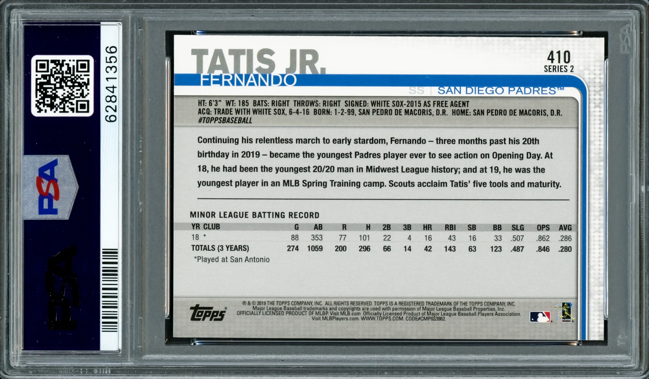 Fernando Tatis Jr. Autographed 2019 Topps Rookie Card #410 San Diego Padres PSA 8 Auto Grade Near Mint/Mint 8 PSA/DNA #62841356 - Image 2