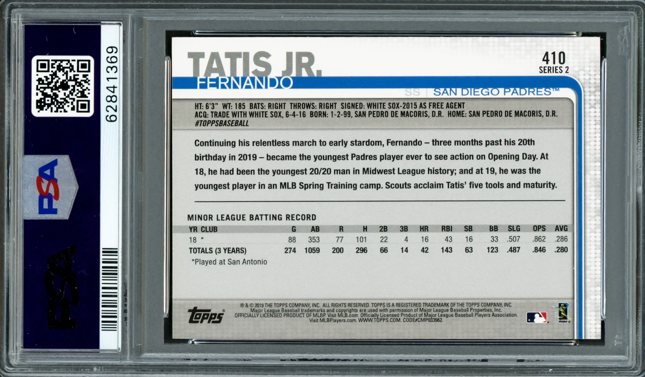 Fernando Tatis Jr. Autographed 2019 Topps Rookie Card #410 San Diego Padres PSA 9 Auto Grade Mint 9 PSA/DNA #62841369 - Image 2