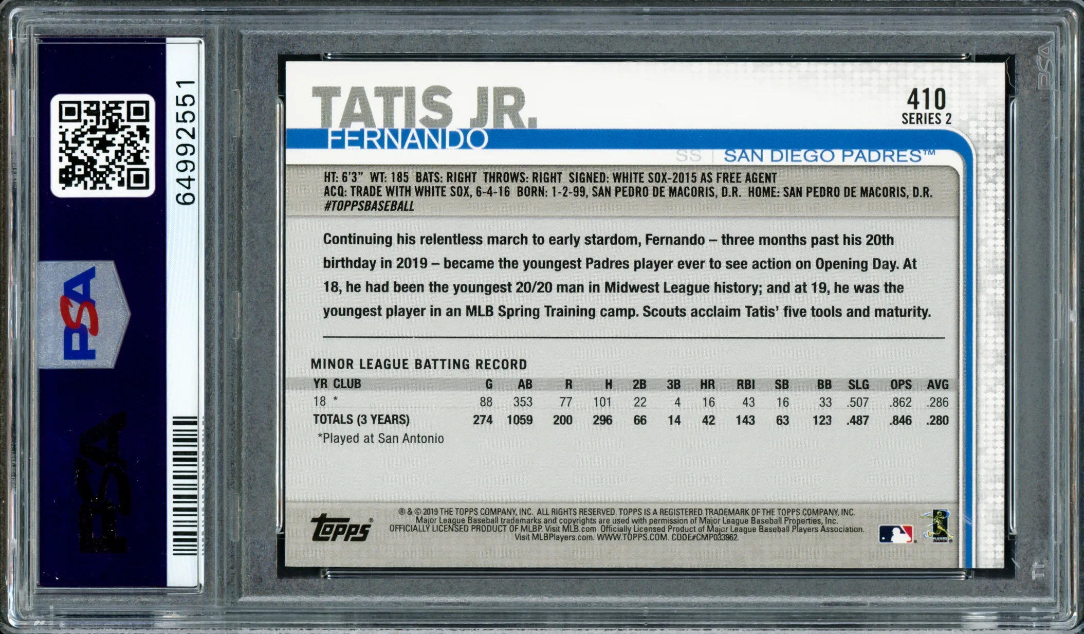 Fernando Tatis Jr. Autographed 2019 Topps Rookie Card #410 San Diego Padres PSA 9 Auto Grade Mint 9 PSA/DNA #64992551 - Image 2