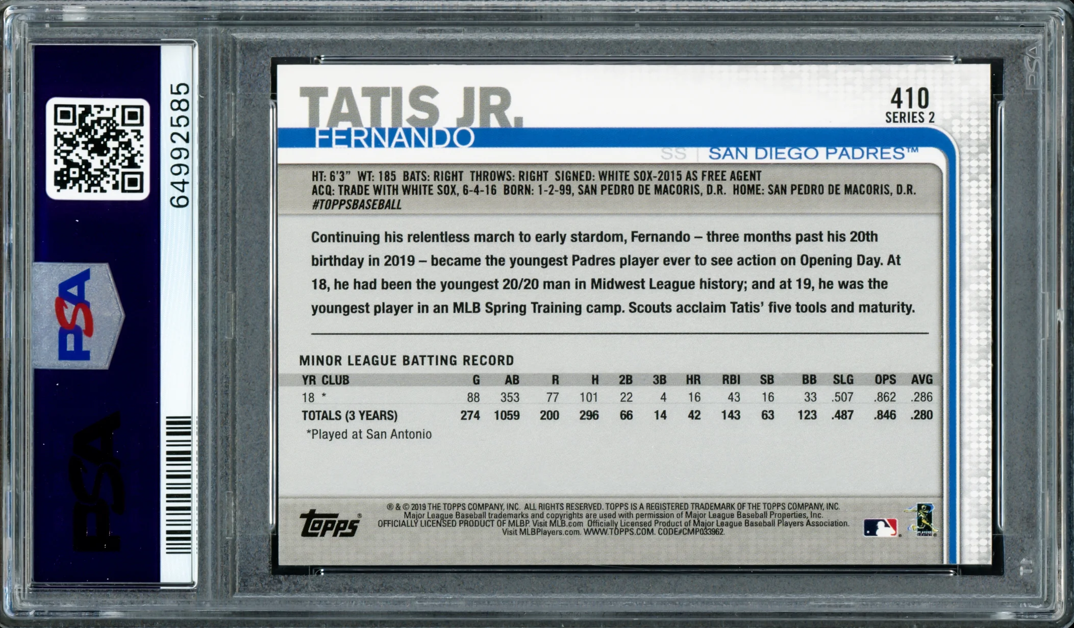 Fernando Tatis Jr. Autographed 2019 Topps Rookie Card #410 San Diego Padres PSA 9 Auto Grade Mint 9 PSA/DNA #64992585 - Image 2