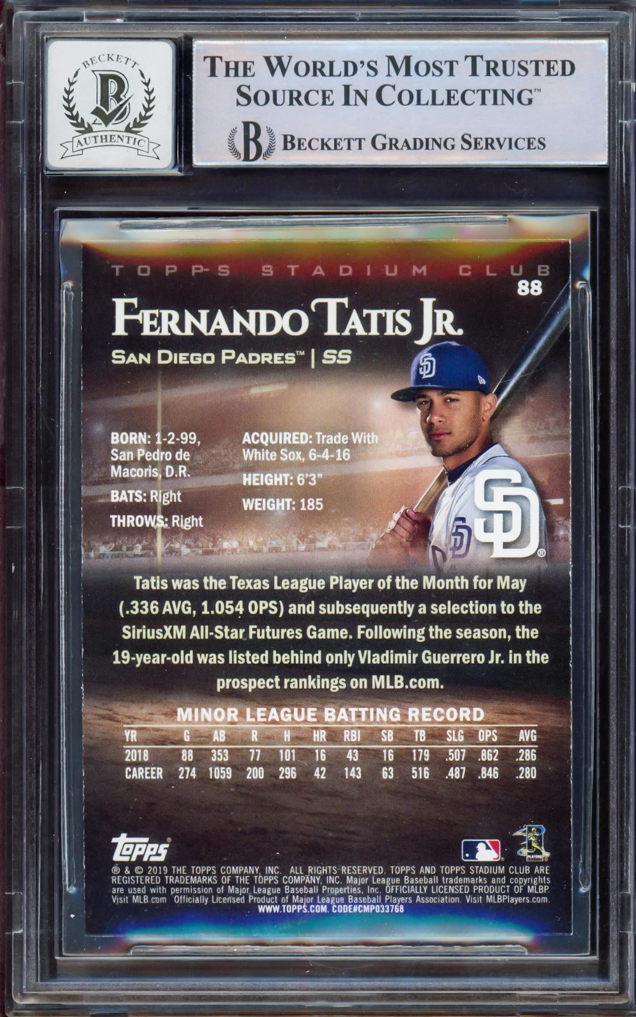 Fernando Tatis Jr. Autographed 2019 Topps Stadium Rookie Card #88 San Diego Padres BGS 8.5 Auto Grade Gem Mint 10 Beckett BAS #15350610 - Image 2