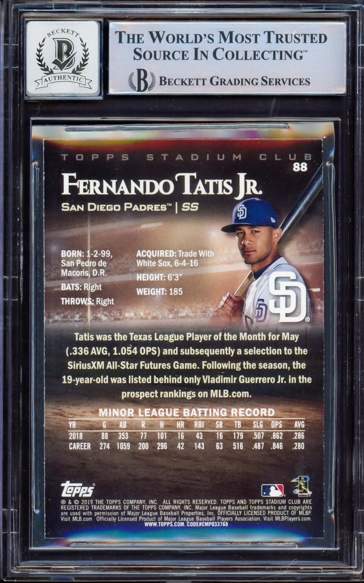 Fernando Tatis Jr. Autographed 2019 Topps Stadium Rookie Card #88 San Diego Padres BGS 8.5 Auto Grade Gem Mint 10 Beckett BAS #15350611 - Image 2