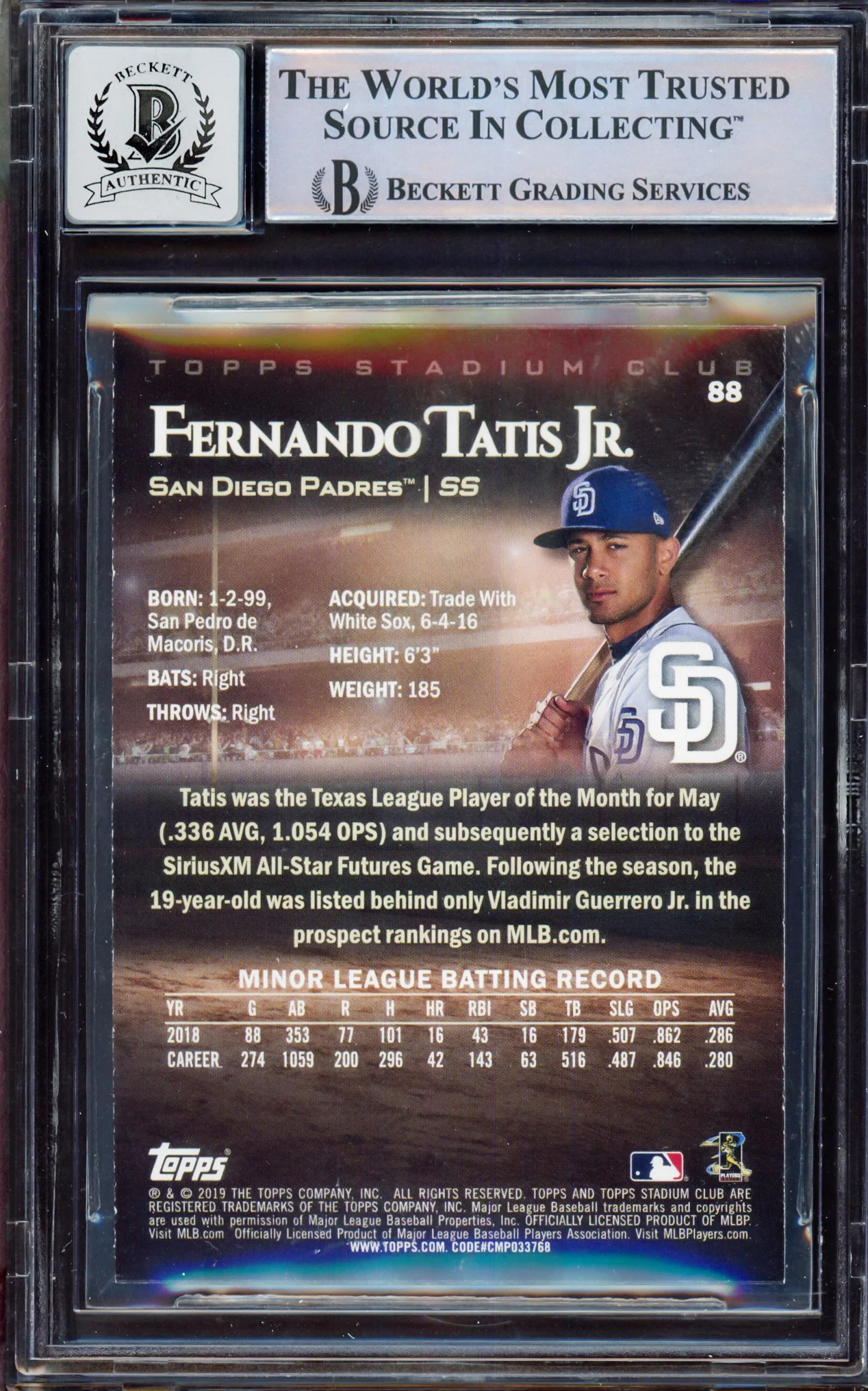 Fernando Tatis Jr. Autographed 2019 Topps Stadium Rookie Card #88 San Diego Padres BGS 8.5 Auto Grade Gem Mint 10 Beckett BAS #15350612 - Image 2