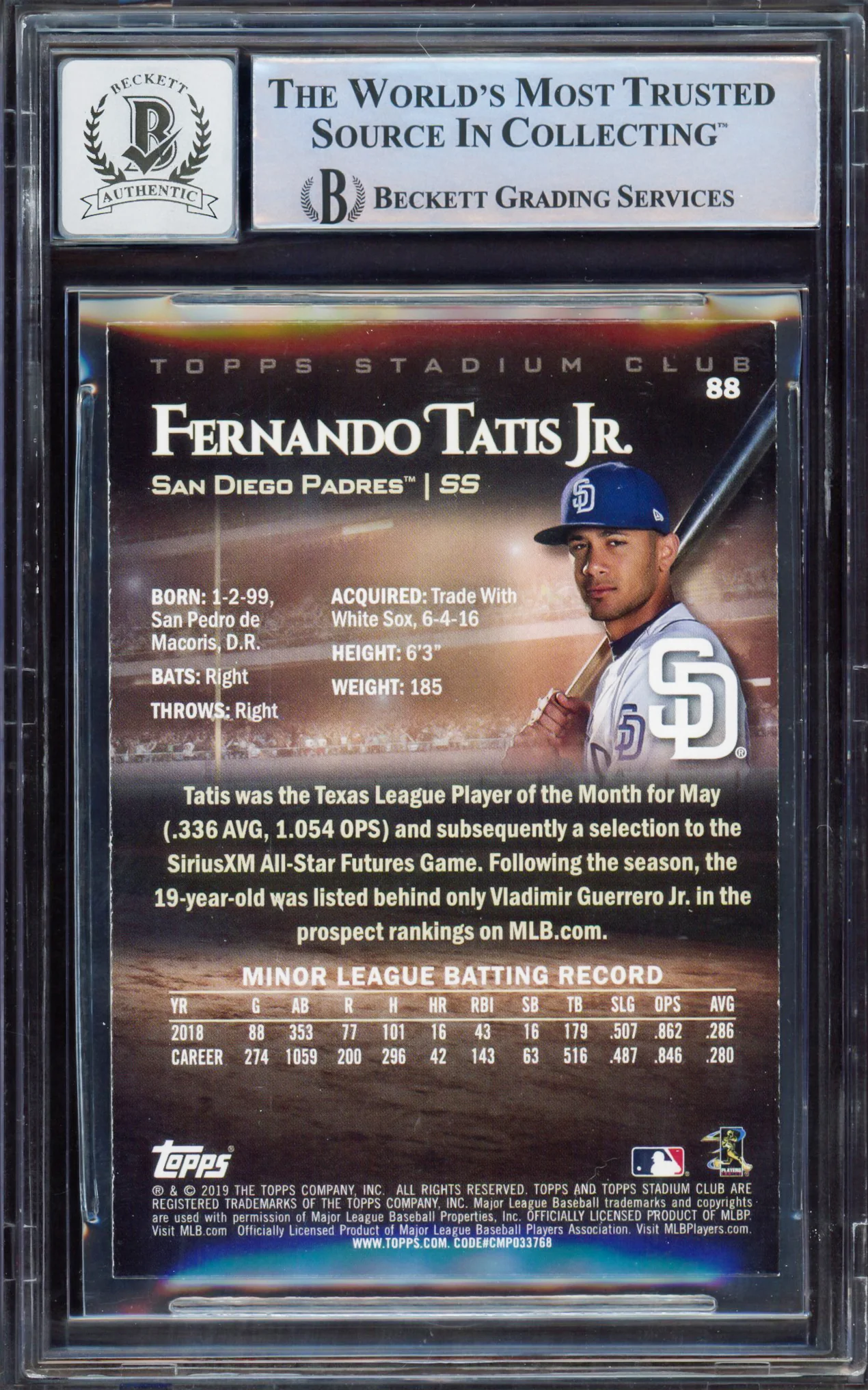 Fernando Tatis Jr. Autographed 2019 Topps Stadium Rookie Card #88 San Diego Padres BGS 8 Auto Grade Gem Mint 10 Beckett BAS #15350682 - Image 2