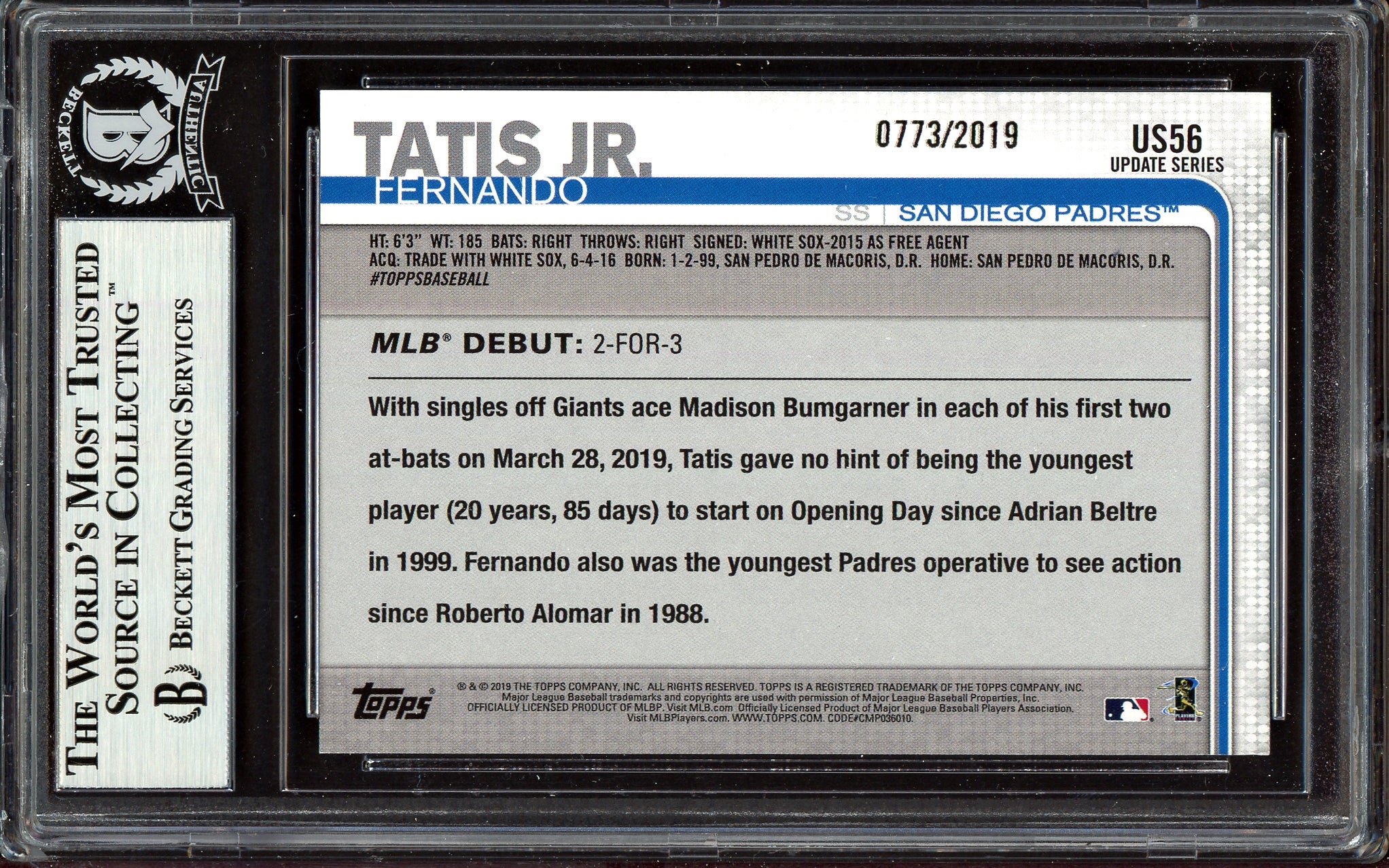 Fernando Tatis Jr. Autographed 2019 Topps Update Gold Rookie Card #US56 San Diego Padres #773/2019 (Smudged) Beckett BAS #13609591 - Image 2