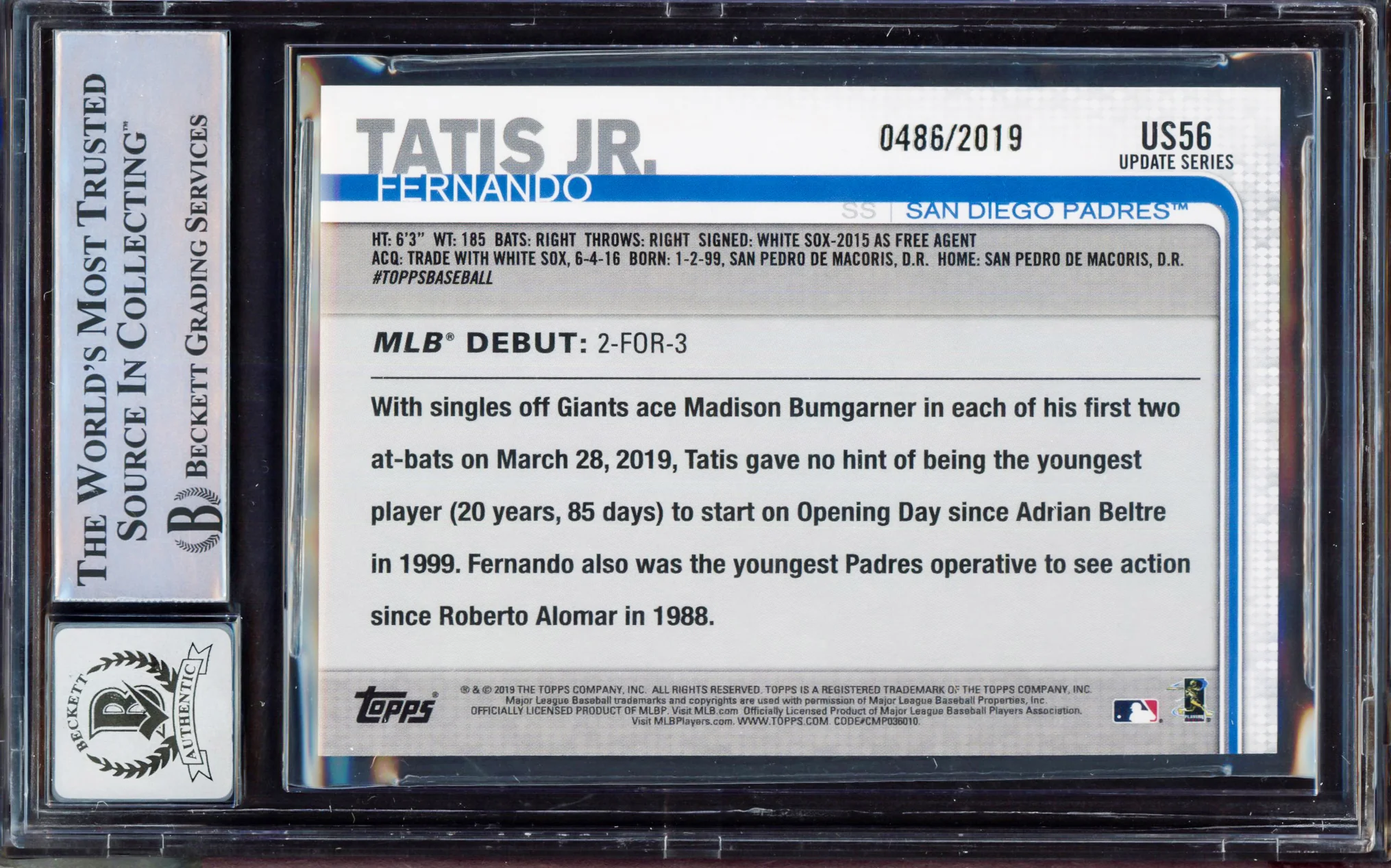 Fernando Tatis Jr. Autographed 2019 Topps Update Gold Rookie Card #US56 San Diego Padres BGS 8 Auto Grade Gem Mint 10 Beckett BAS #15350687 - Image 2