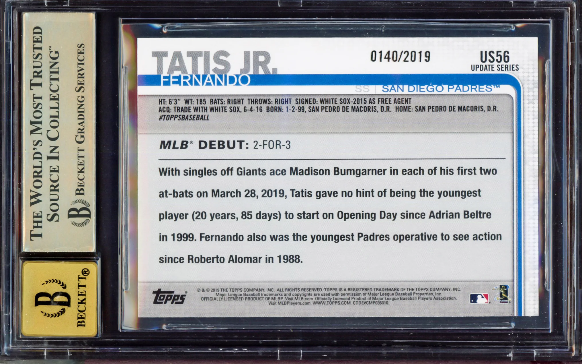 Fernando Tatis Jr. Autographed 2019 Topps Update Gold Rookie Card #US56 San Diego Padres BGS 9.5 Auto Grade Gem Mint 10 Beckett BAS #15350020 - Image 2