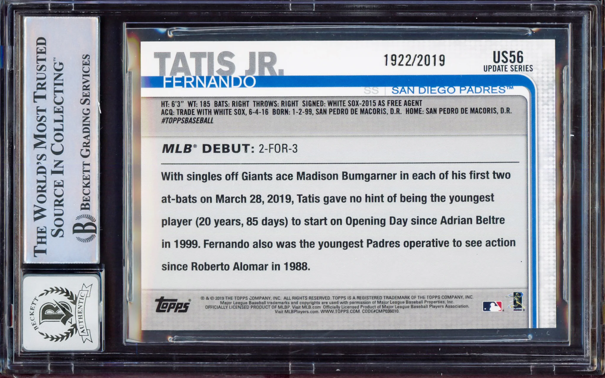 Fernando Tatis Jr. Autographed 2019 Topps Update Gold Rookie Card #US56 San Diego Padres BGS 9 Auto Grade Gem Mint 10 Beckett BAS #15350436 - Image 2