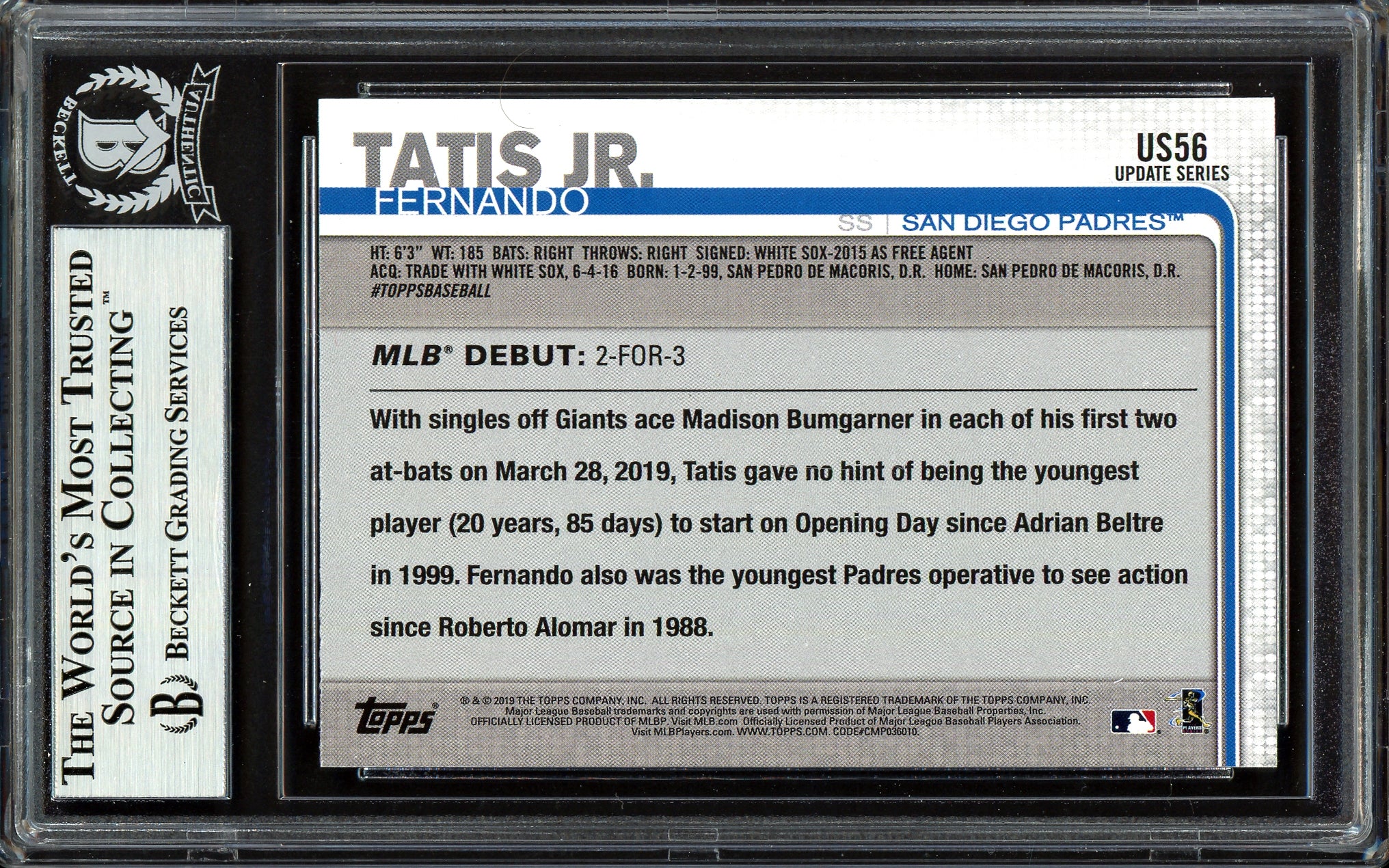 Fernando Tatis Jr. Autographed 2019 Topps Update Rookie Card #US56 San Diego Padres Beckett BAS #13609732 - Image 2