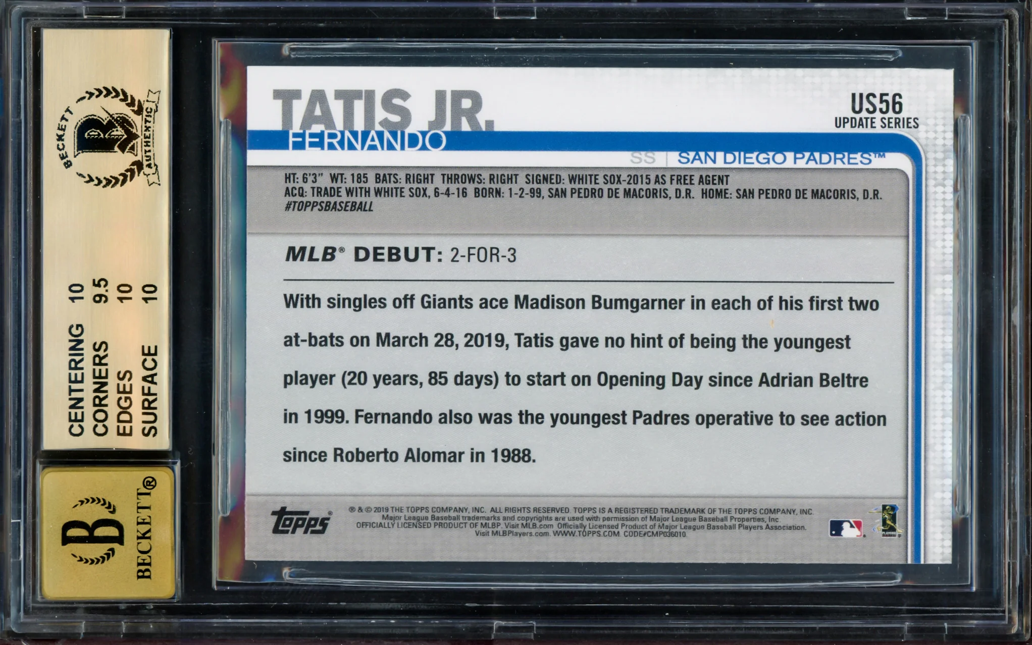 Fernando Tatis Jr. Autographed 2019 Topps Update Rookie Card #US56 San Diego Padres BGS 10 Auto Grade Gem Mint 10 Highest Graded Beckett BAS #15265452 - Image 2