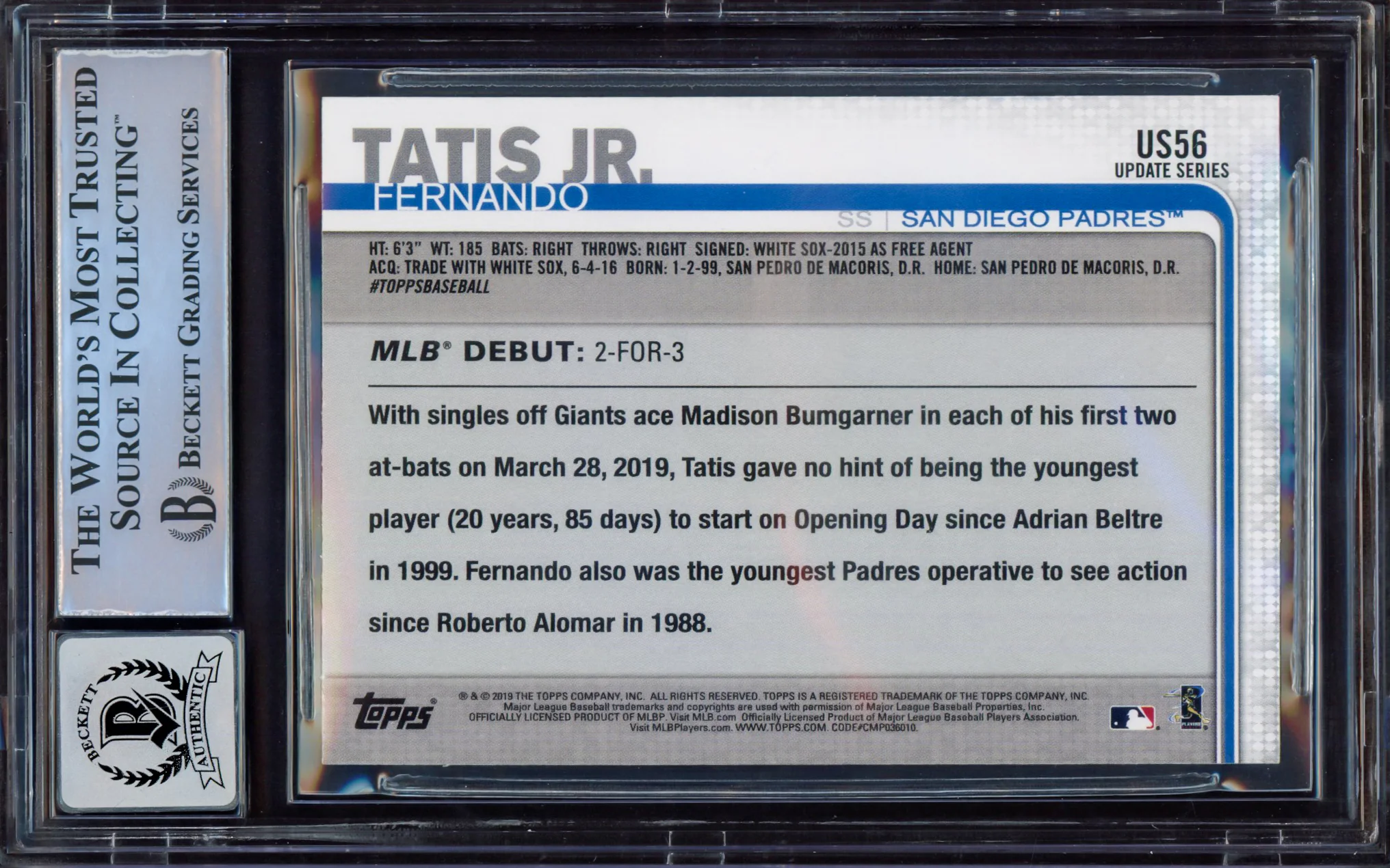 Fernando Tatis Jr. Autographed 2019 Topps Update Rookie Card #US56 San Diego Padres BGS 8.5 Auto Grade Mint 9 Beckett BAS #15468800 - Image 2