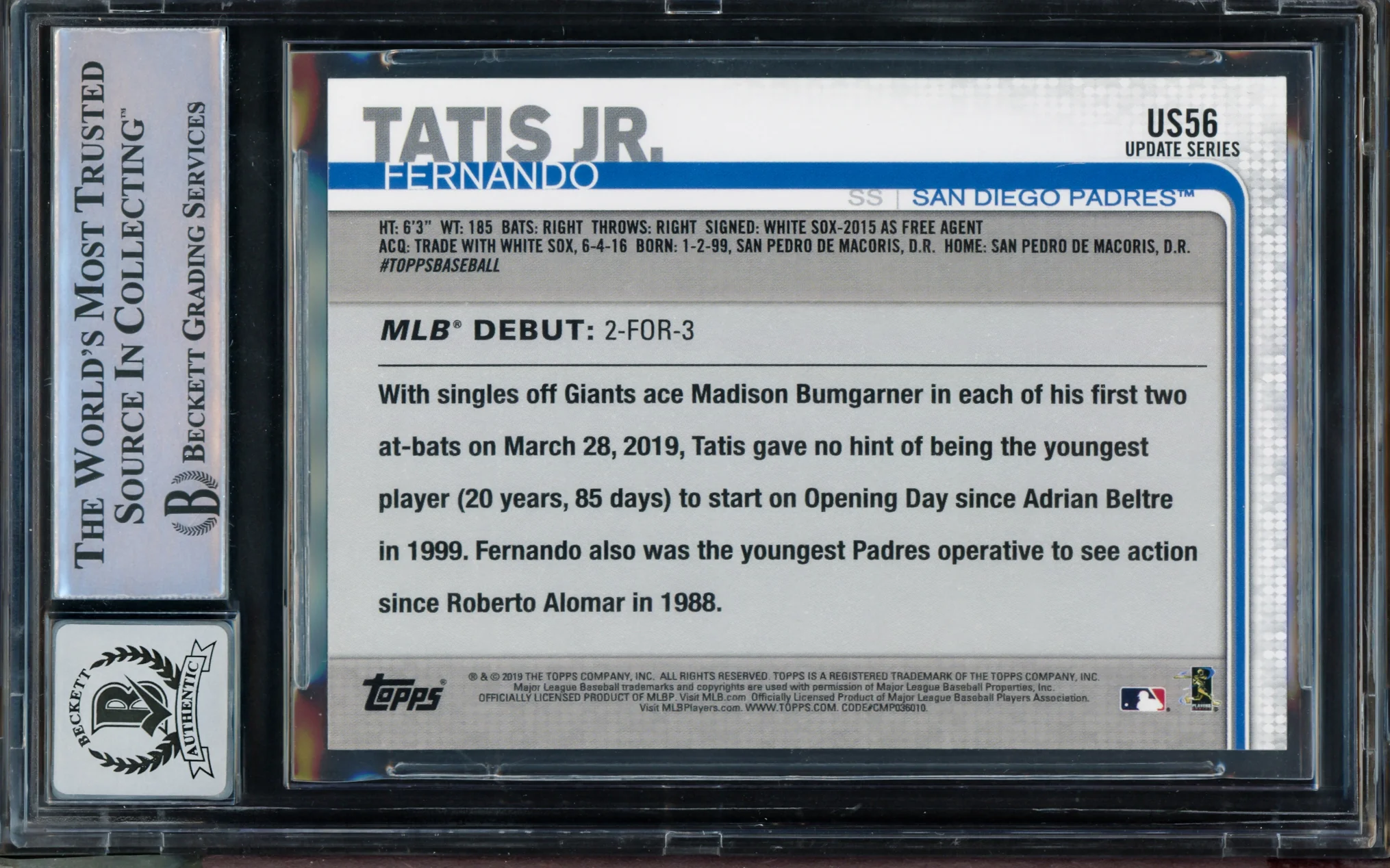 Fernando Tatis Jr Autographed 2019 Topps Update Rookie Card #US56 San Diego Padres BGS 9 Auto Grade Gem Mint 10 Beckett BAS Stock #211853 - Image 2