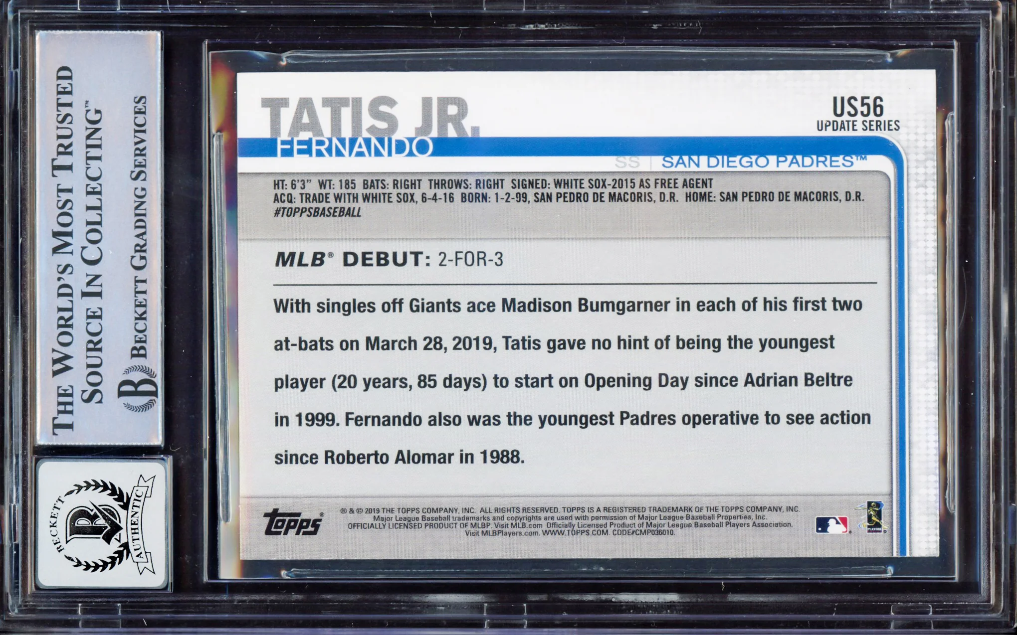 Fernando Tatis Jr. Autographed 2019 Topps Update Walgreens Yellow Rookie Card #US56 San Diego Padres BGS 8.5 Auto Grade Gem Mint 10 Beckett BAS #15350613 - Image 2