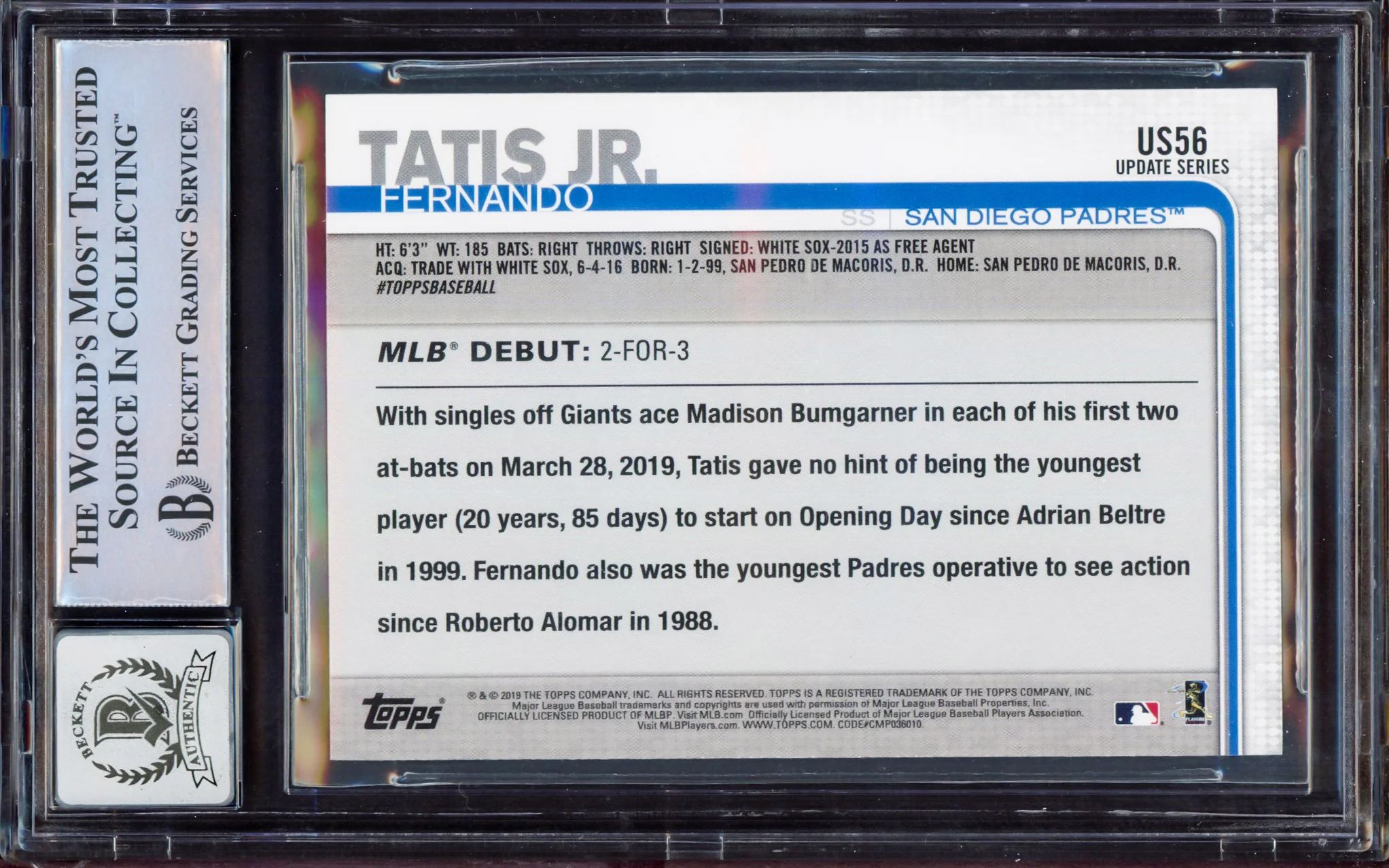 Fernando Tatis Jr. Autographed 2019 Topps Update Walgreens Yellow Rookie Card #US56 San Diego Padres BGS 9 Auto Grade Gem Mint 10 Beckett BAS #15350435 - Image 2