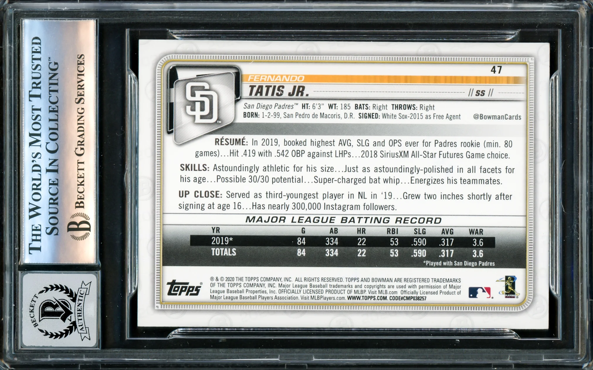 Fernando Tatis Jr. Autographed 2020 Bowman Card #47 San Diego Padres Auto Grade Gem Mint 10 Beckett BAS Stock #220806 - Image 2