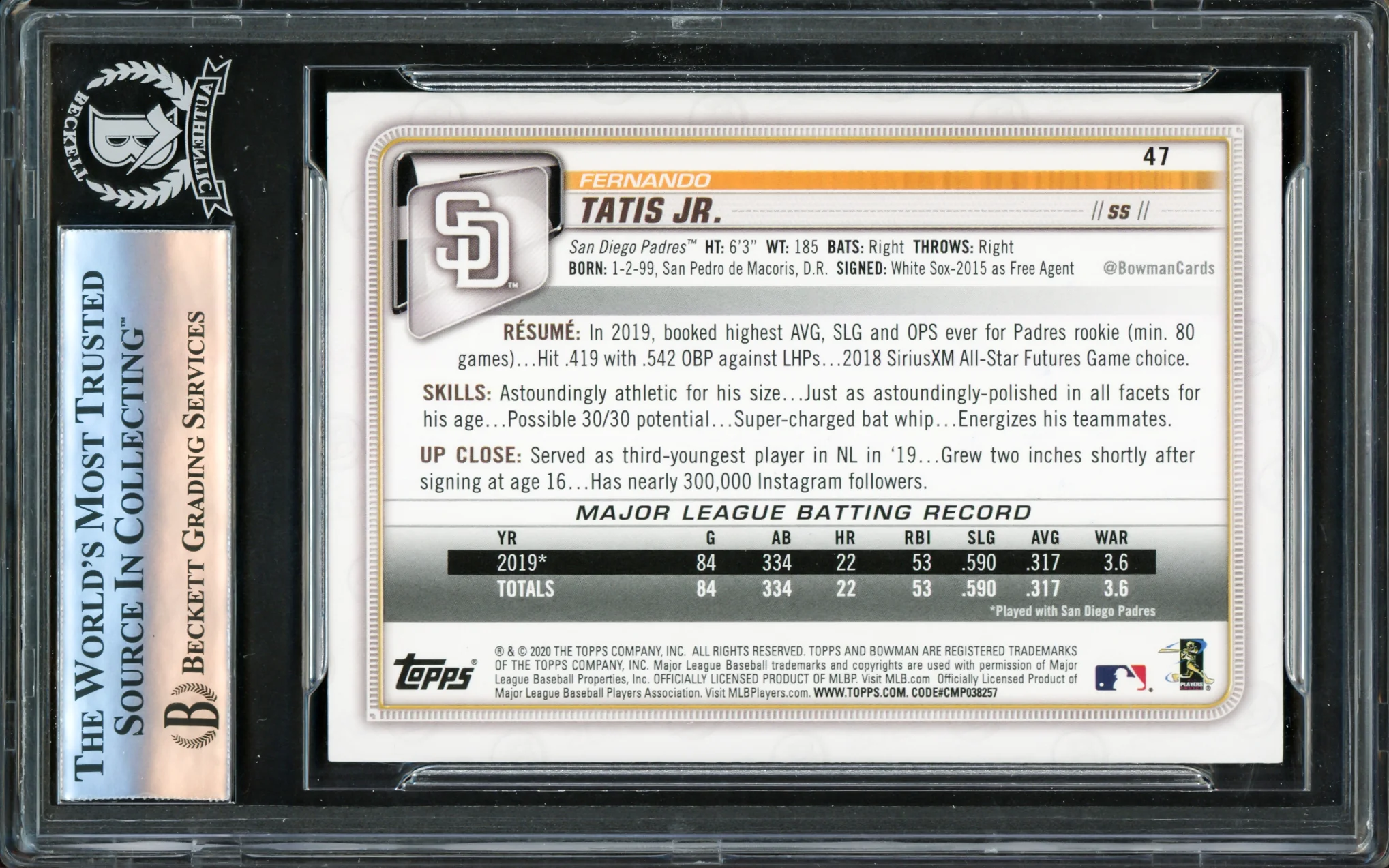 Fernando Tatis Jr. Autographed 2020 Bowman Card #47 San Diego Padres Beckett BAS #16177971 - Image 2