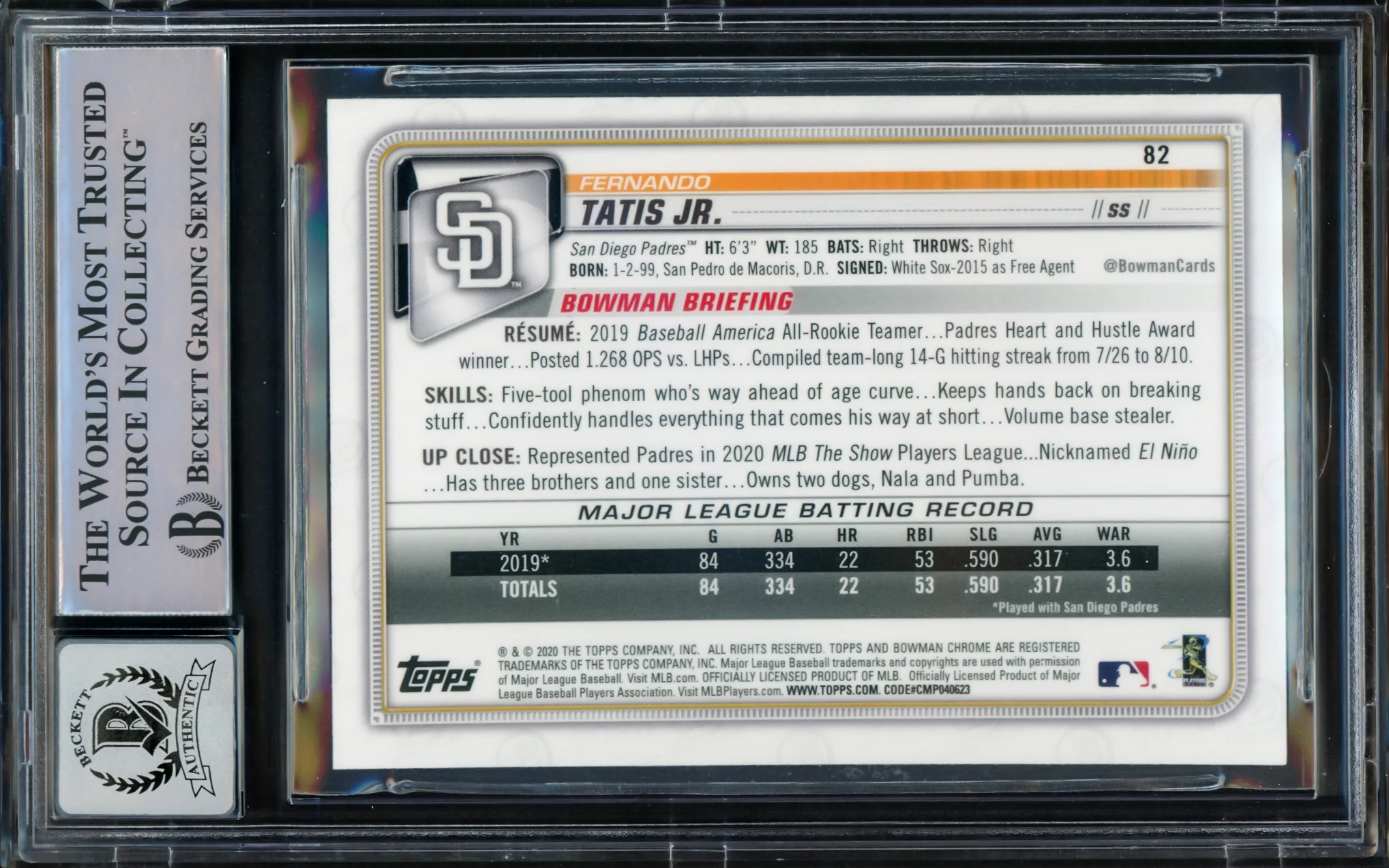 Fernando Tatis Jr. Autographed 2020 Bowman Chrome Card #82 San Diego Padres Auto Grade Gem Mint 10 Beckett BAS #15774538 - Image 2