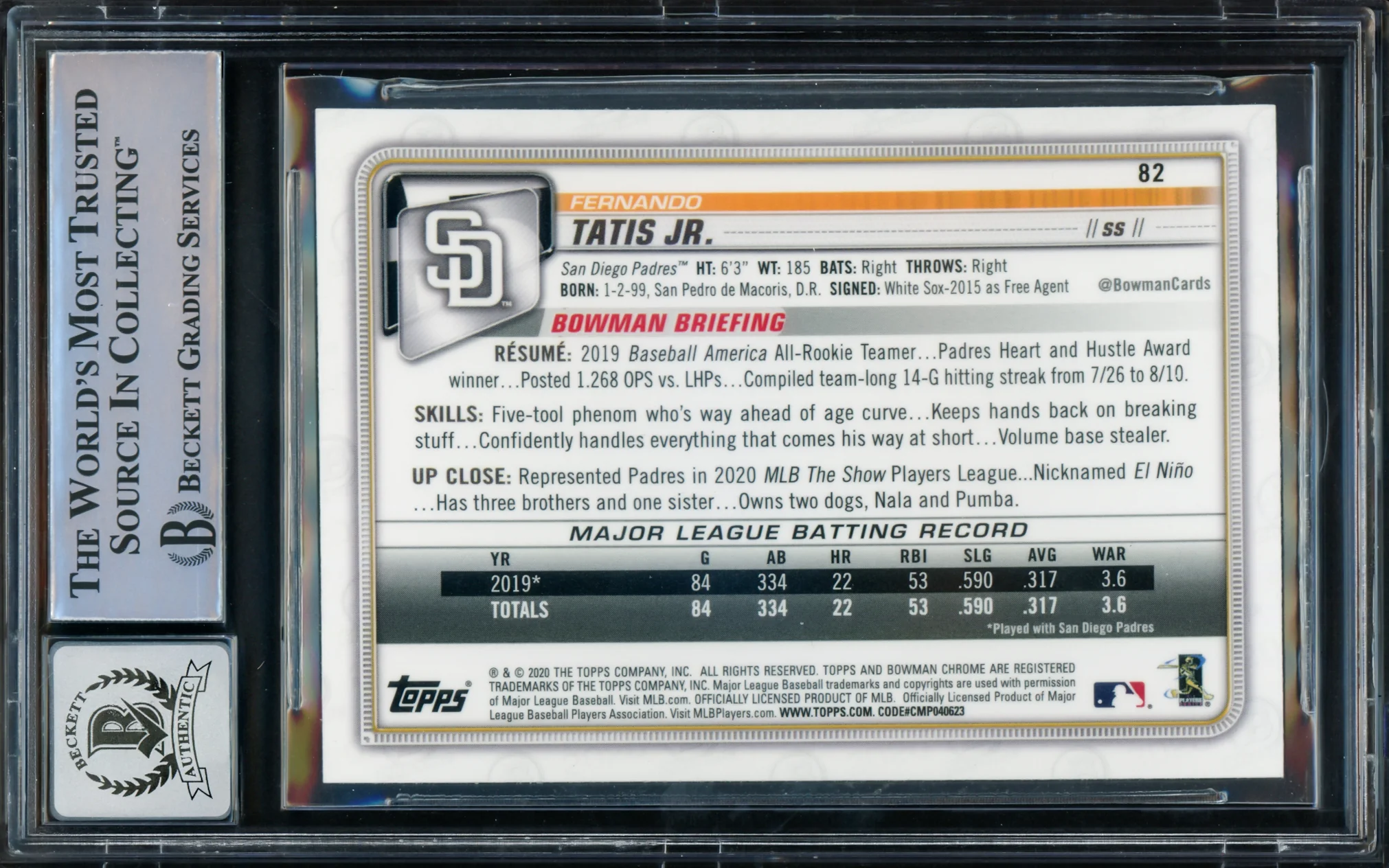 Fernando Tatis Jr. Autographed 2020 Bowman Chrome Card #82 San Diego Padres Auto Grade Gem Mint 10 Beckett BAS #15774539 - Image 2