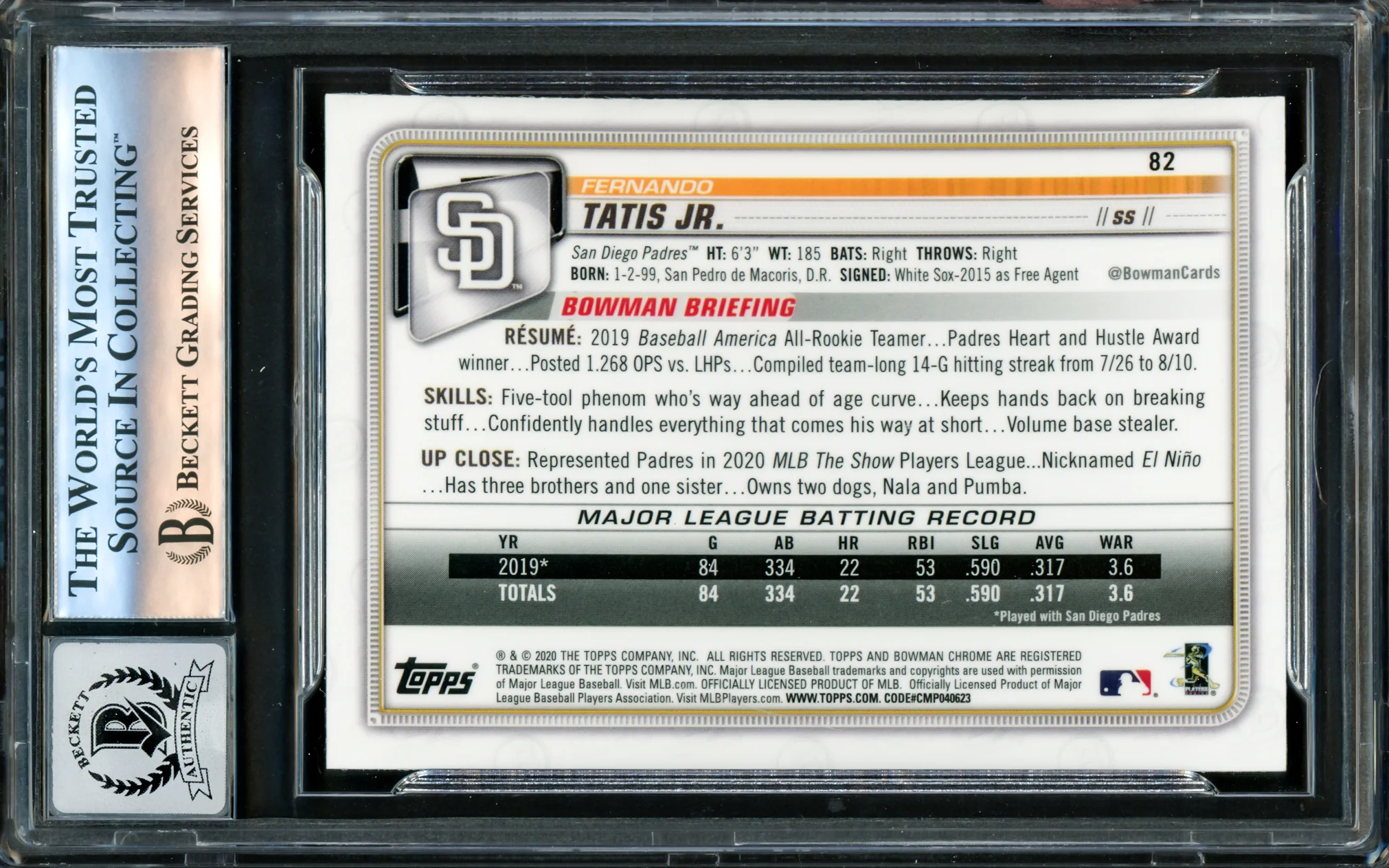 Fernando Tatis Jr. Autographed 2020 Bowman Chrome Card #82 San Diego Padres Auto Grade Gem Mint 10 Beckett BAS #16172851 - Image 2